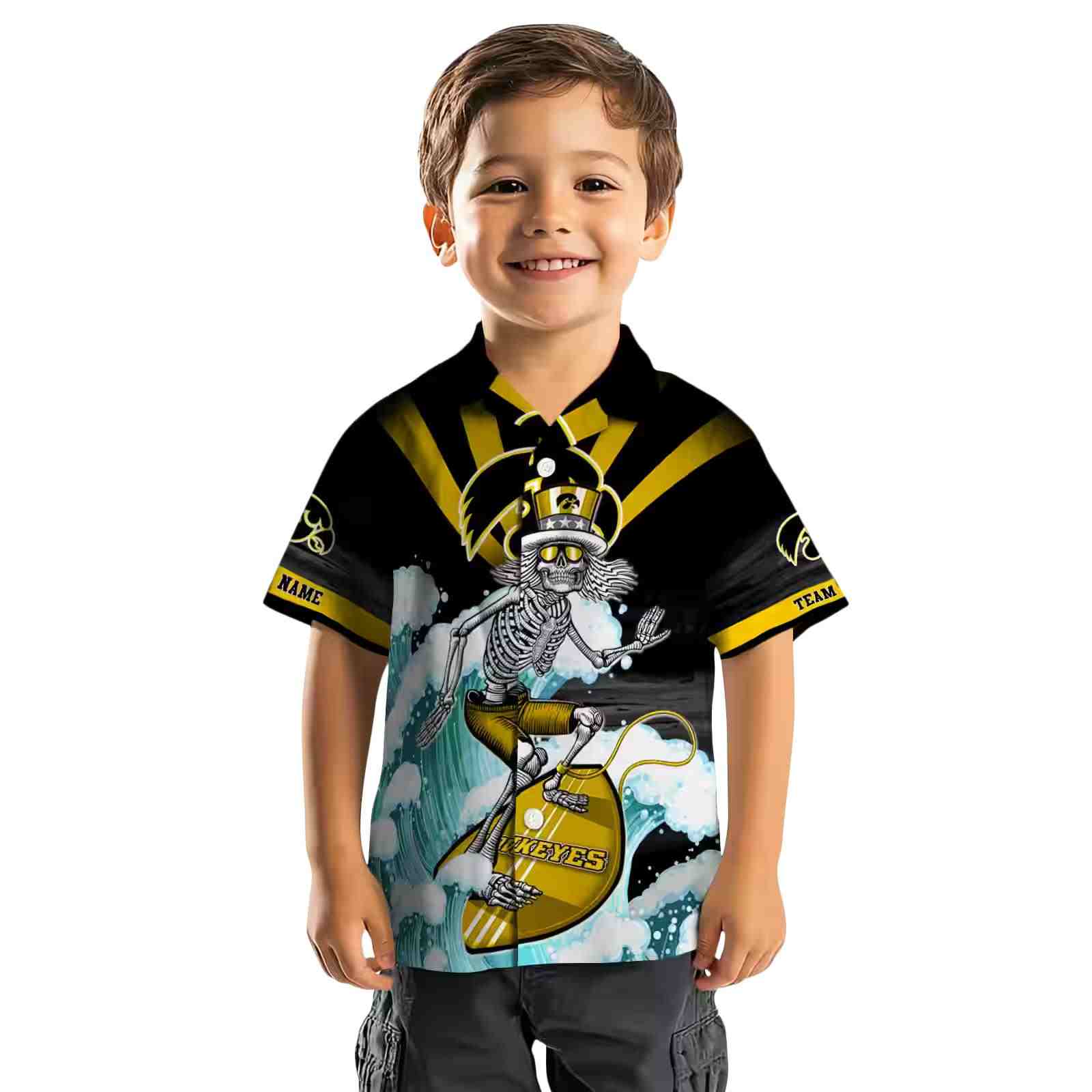 custom iowa hawkeyes surfing skeleton black blue hawaiian shirt top rated