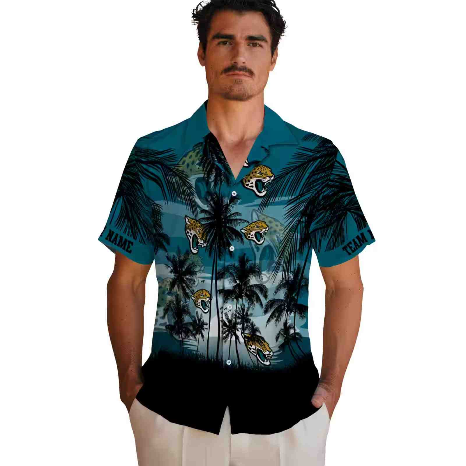 custom jacksonville jaguars sunset scene teal black hawaiian shirt fashion forward