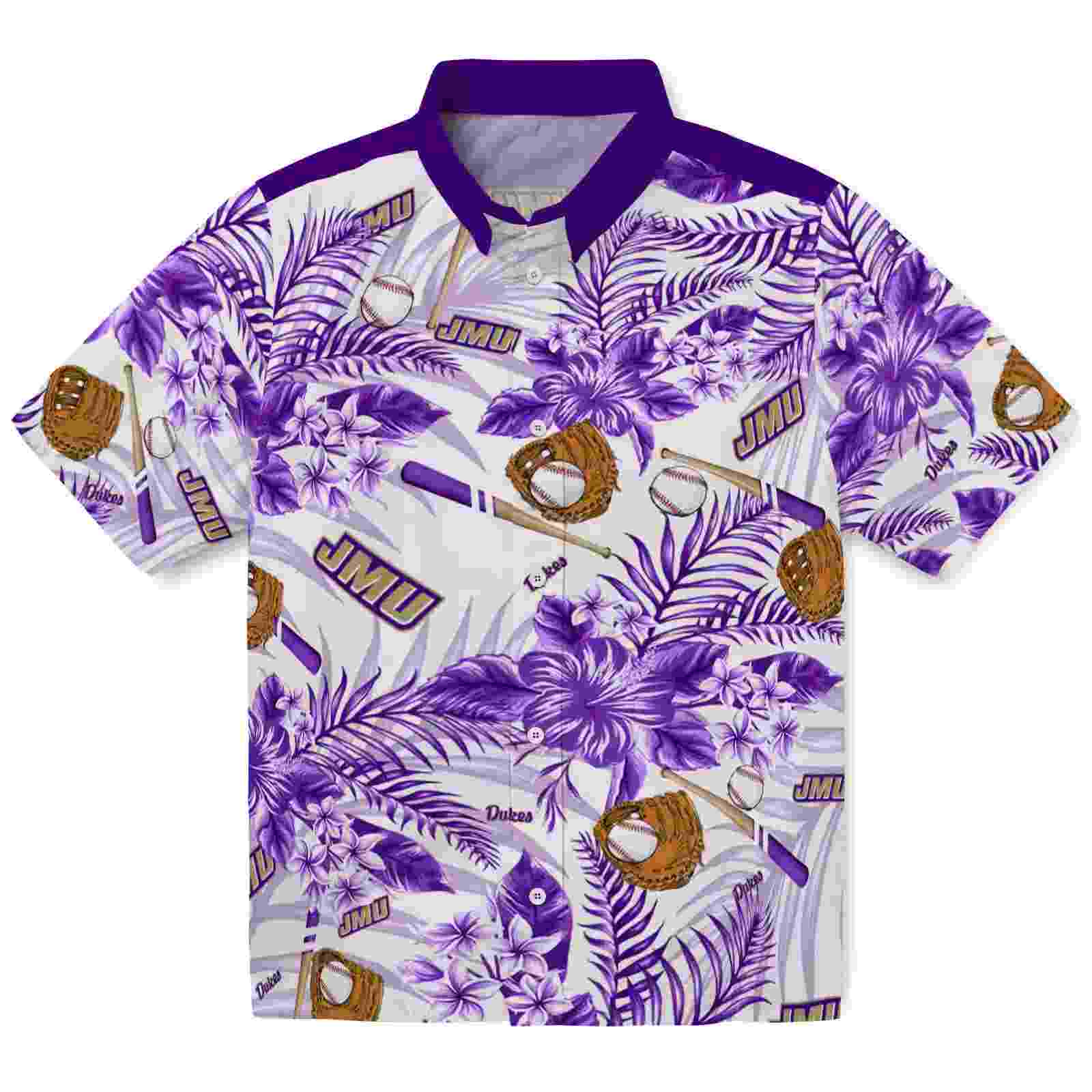 Custom James Madison Dukes Floral Baseball Purple White Hawaiian Shirt