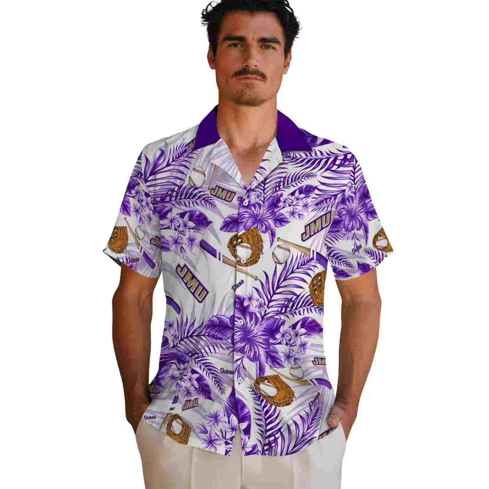 custom james madison dukes floral baseball purple white hawaiian shirt fashion forward