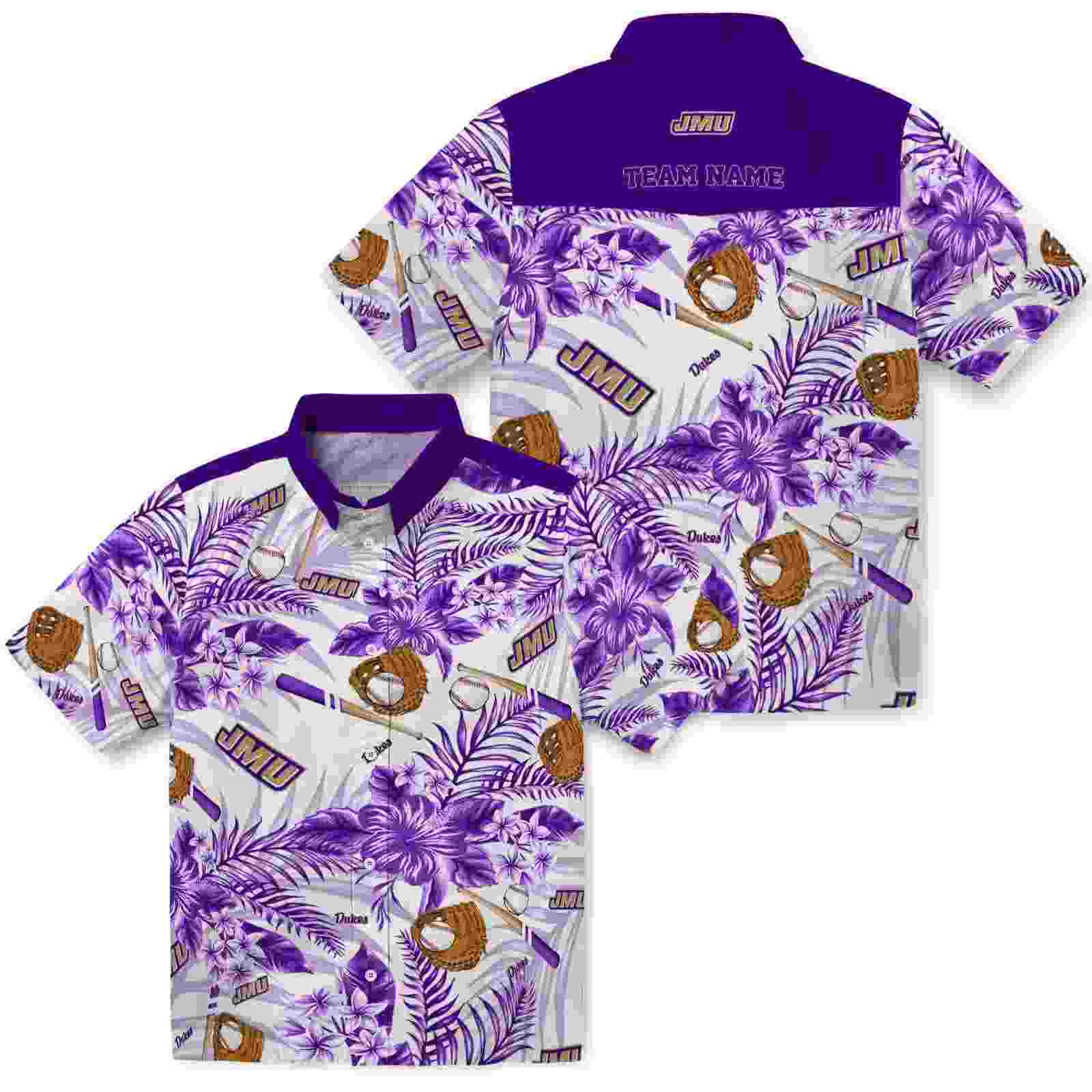 custom james madison dukes floral baseball purple white hawaiian shirt high quality