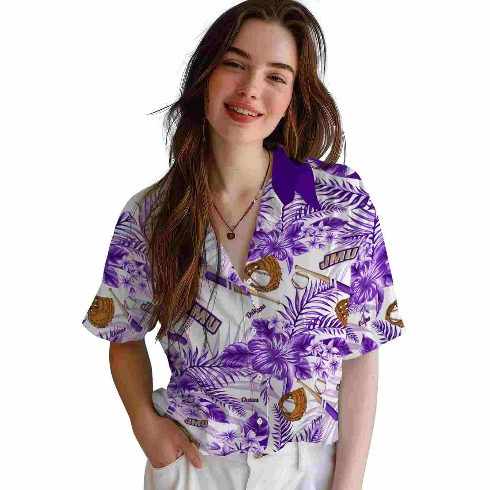 custom james madison dukes floral baseball purple white hawaiian shirt latest model