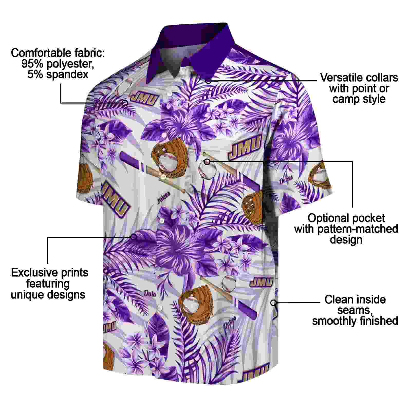 custom james madison dukes floral baseball purple white hawaiian shirt new arrival