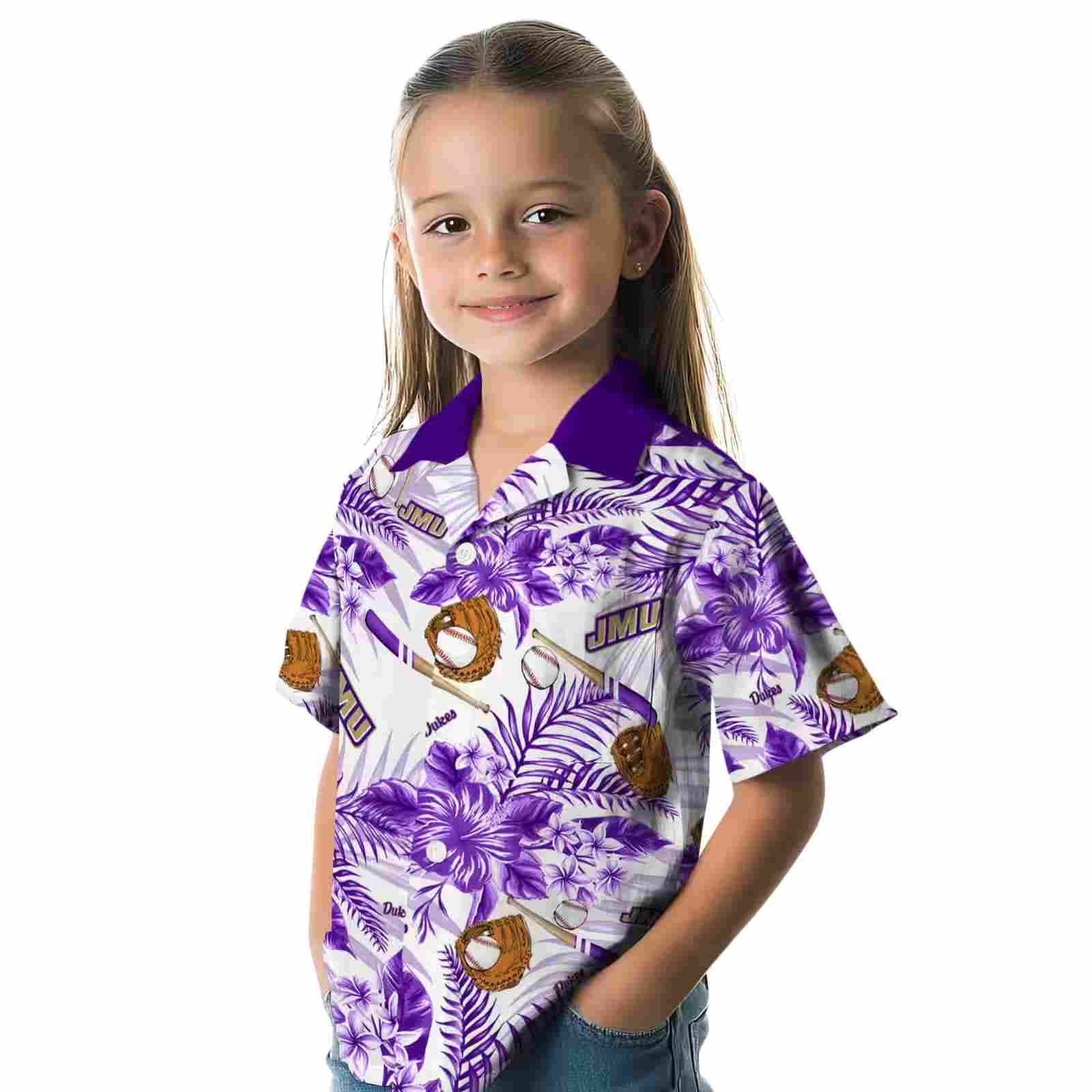 custom james madison dukes floral baseball purple white hawaiian shirt premium grade