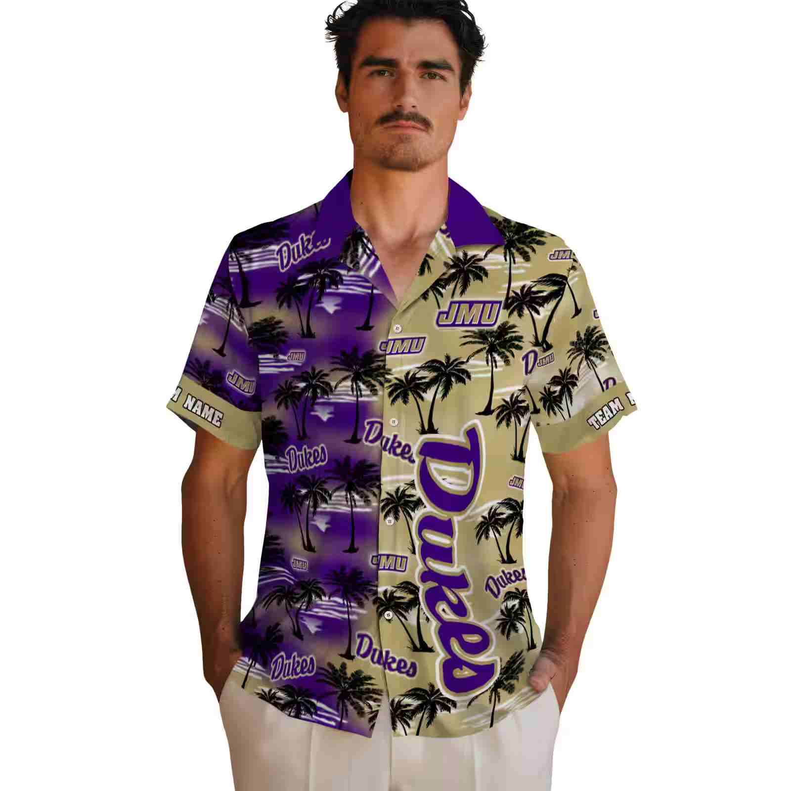 custom james madison dukes palm silhouettes purple hawaiian shirt fashion forward