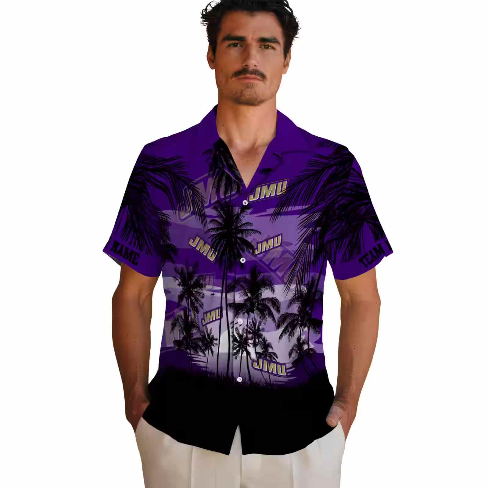 custom james madison dukes sunset scene purple black hawaiian shirt fashion forward