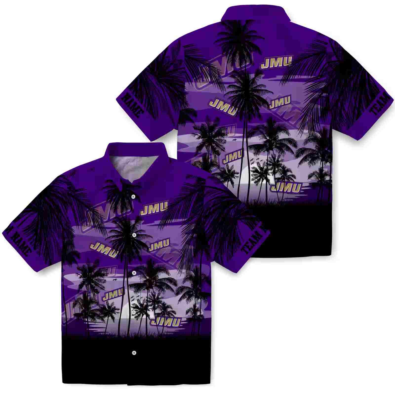 custom james madison dukes sunset scene purple black hawaiian shirt high quality