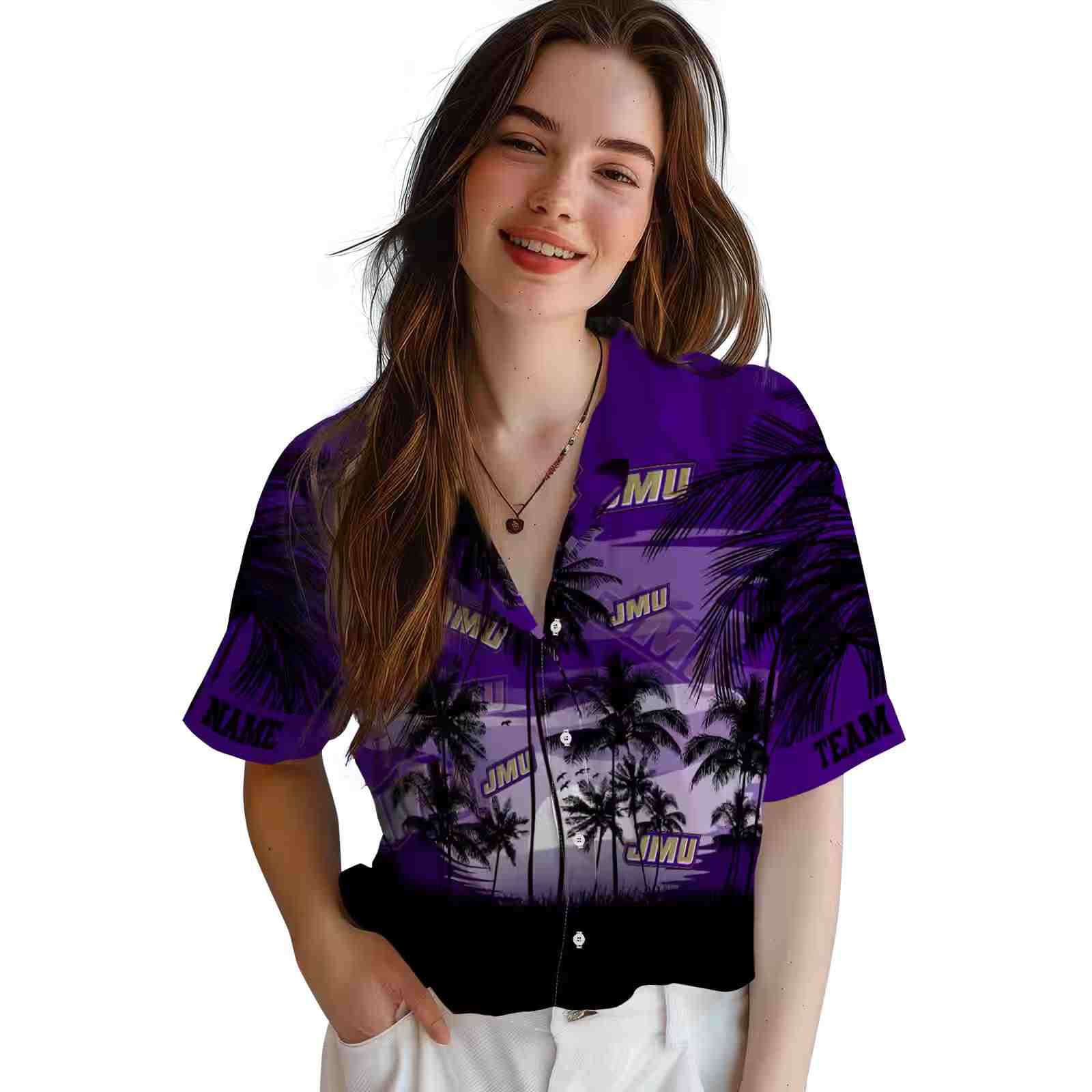 custom james madison dukes sunset scene purple black hawaiian shirt latest model