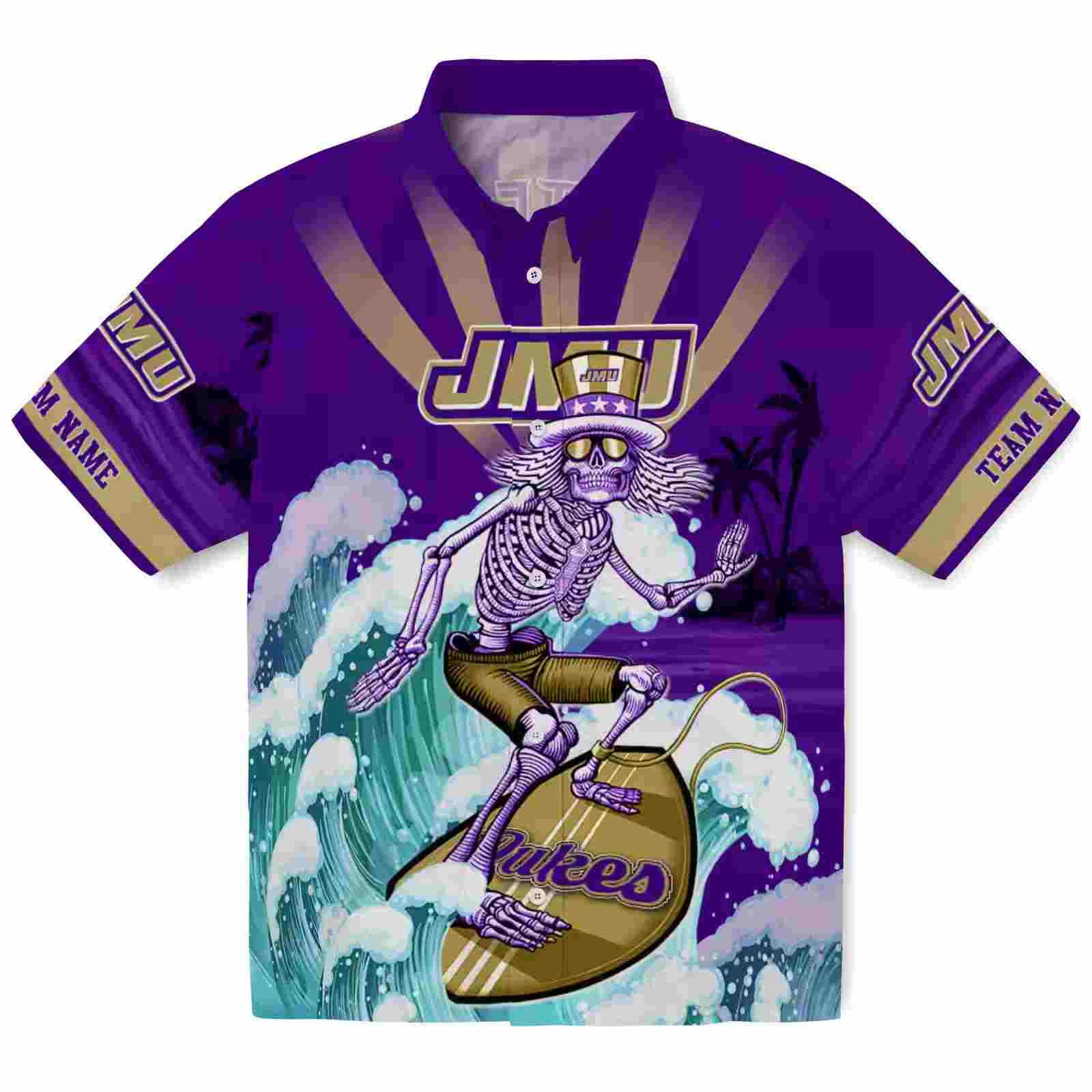 Custom James Madison Dukes Surfing Skeleton Purple Blue Hawaiian Shirt