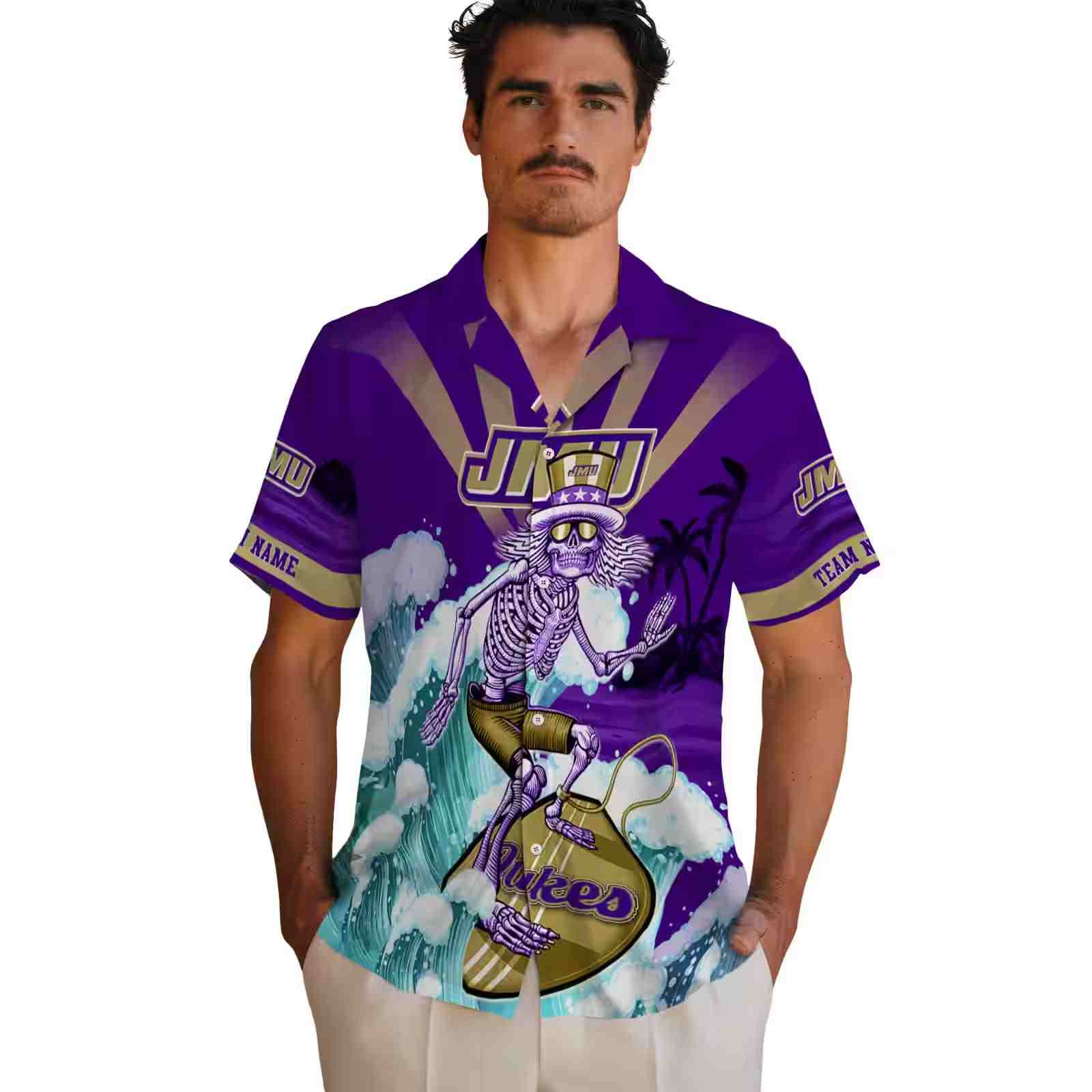 custom james madison dukes surfing skeleton purple blue hawaiian shirt fashion forward