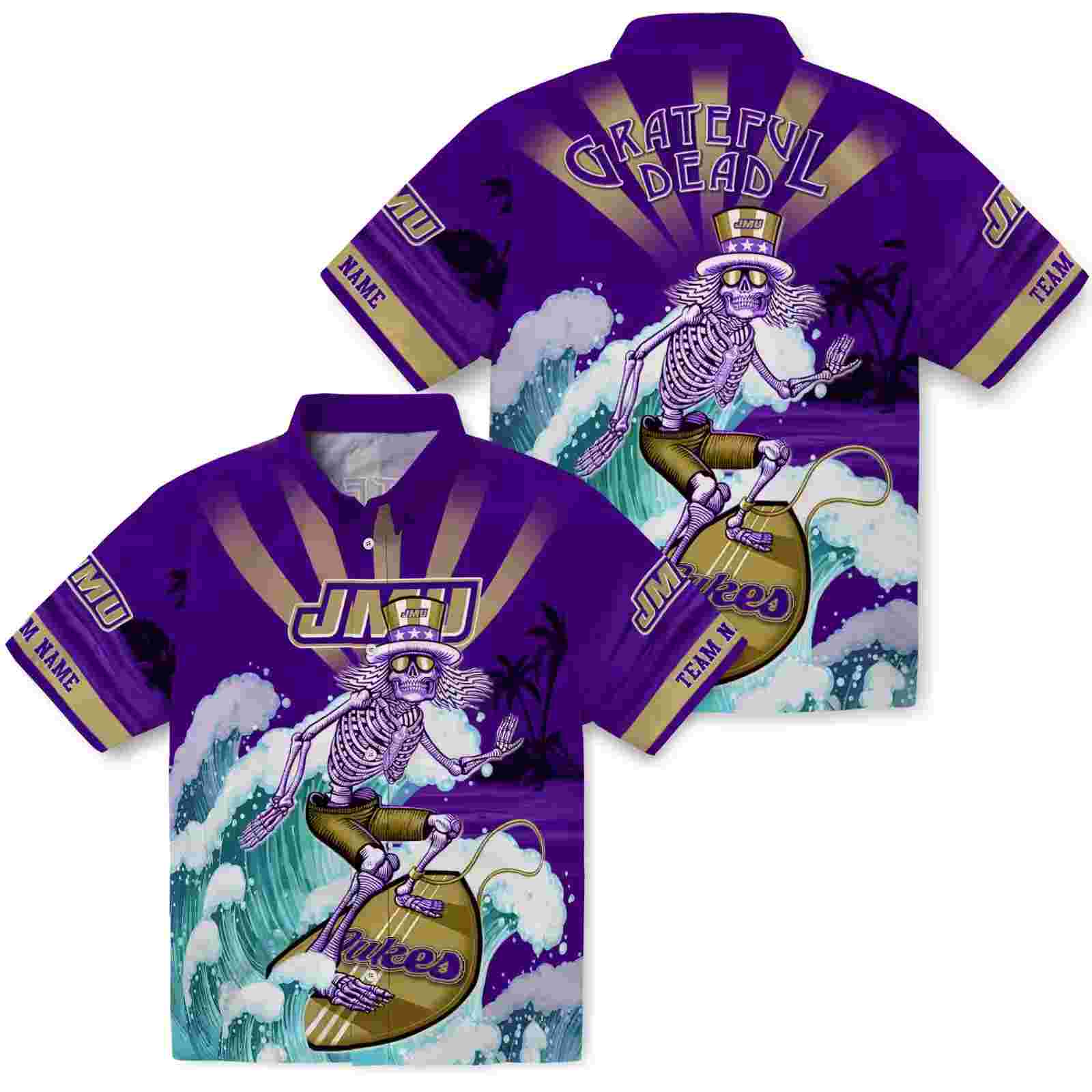 custom james madison dukes surfing skeleton purple blue hawaiian shirt high quality