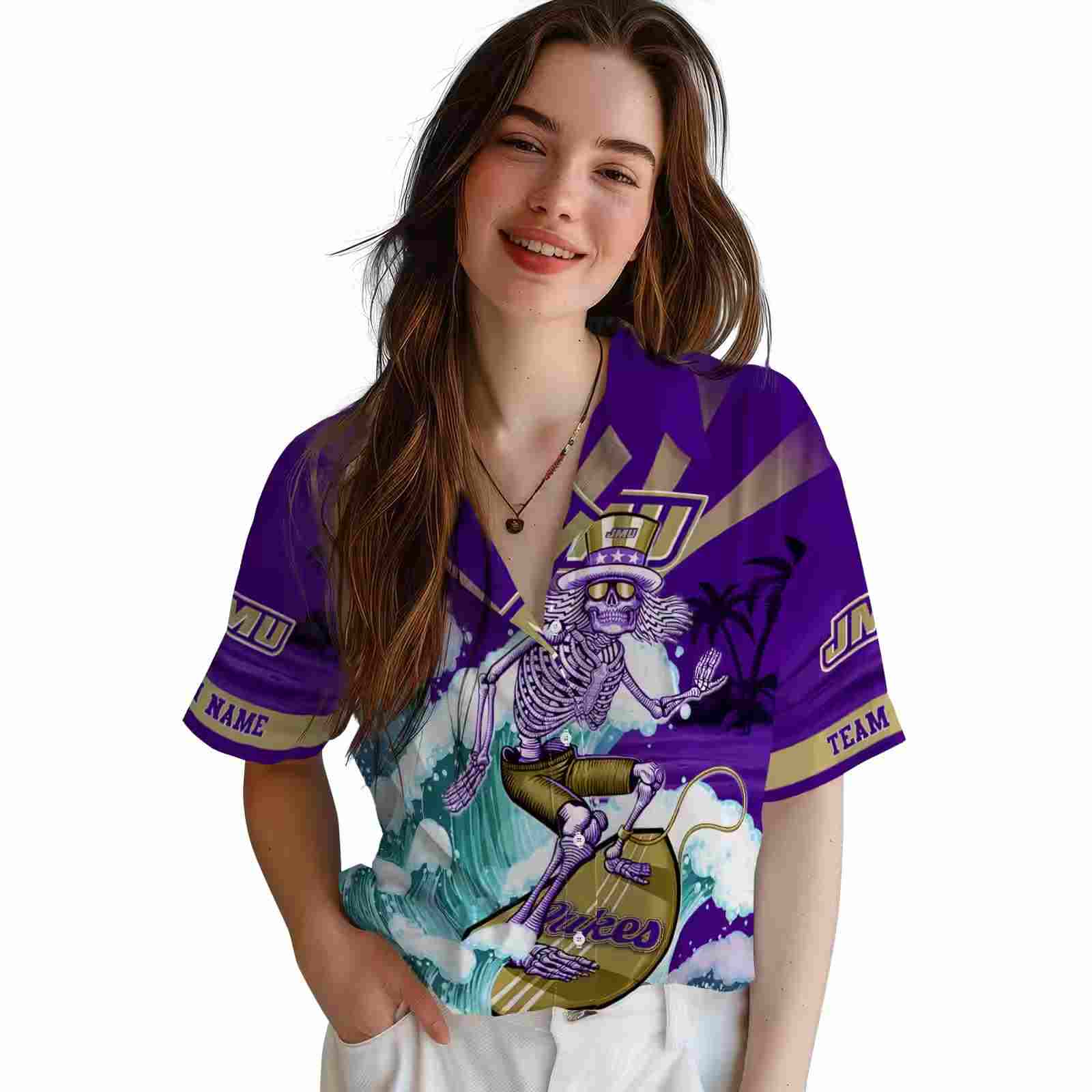 custom james madison dukes surfing skeleton purple blue hawaiian shirt latest model