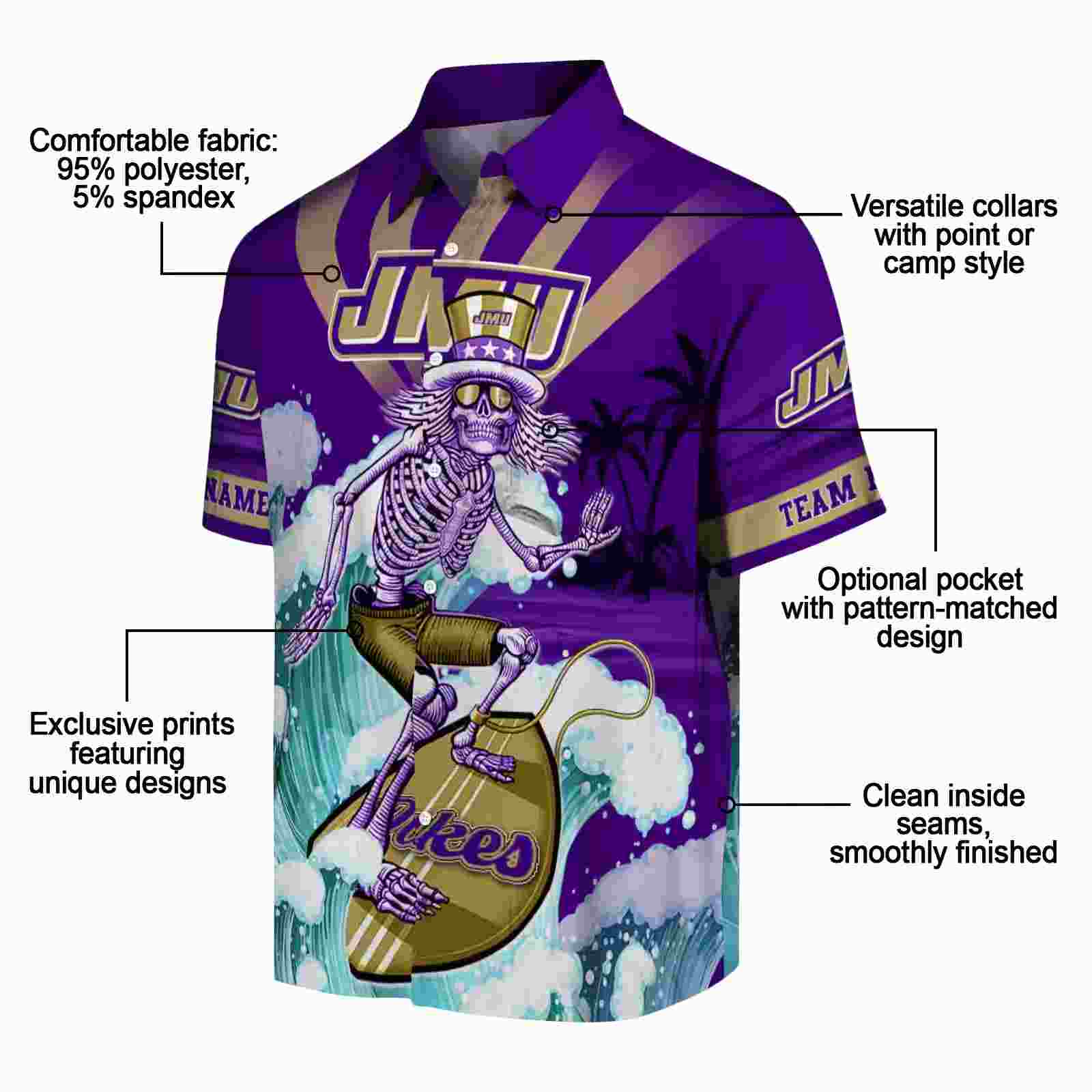 custom james madison dukes surfing skeleton purple blue hawaiian shirt new arrival