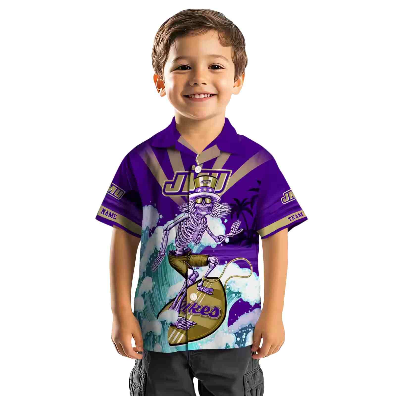 custom james madison dukes surfing skeleton purple blue hawaiian shirt top rated