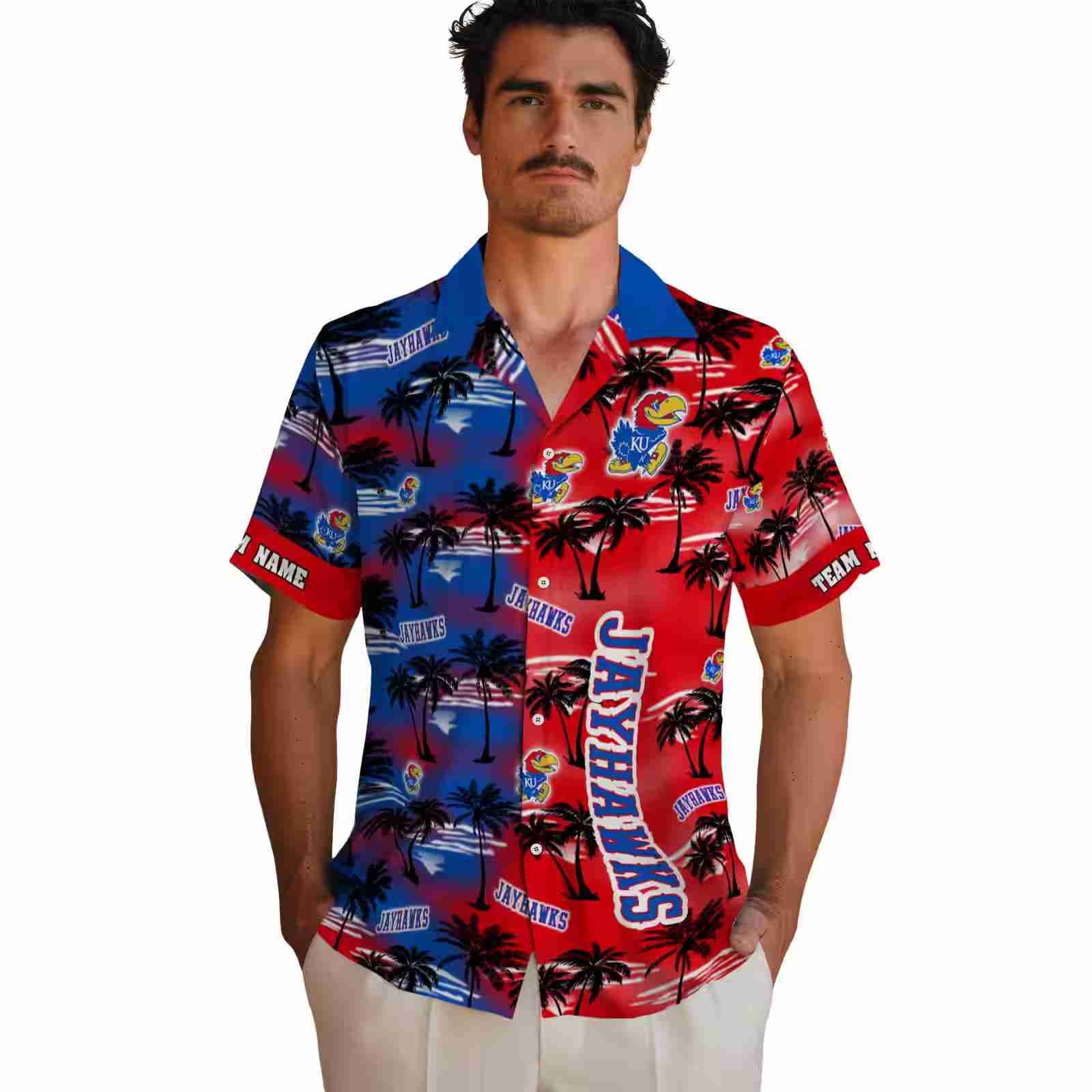 custom kansas jayhawks palm silhouettes blue hawaiian shirt fashion forward