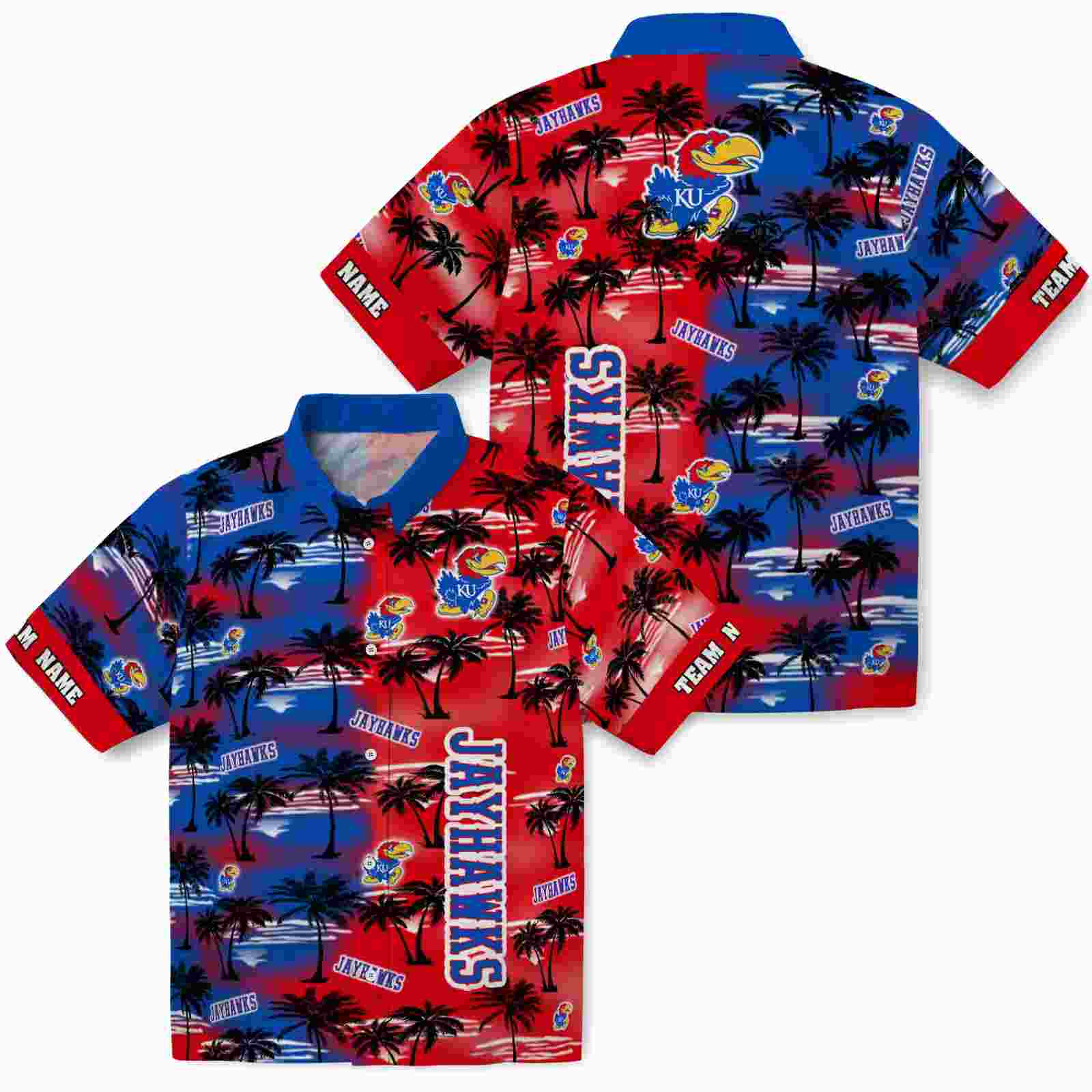 custom kansas jayhawks palm silhouettes blue hawaiian shirt high quality