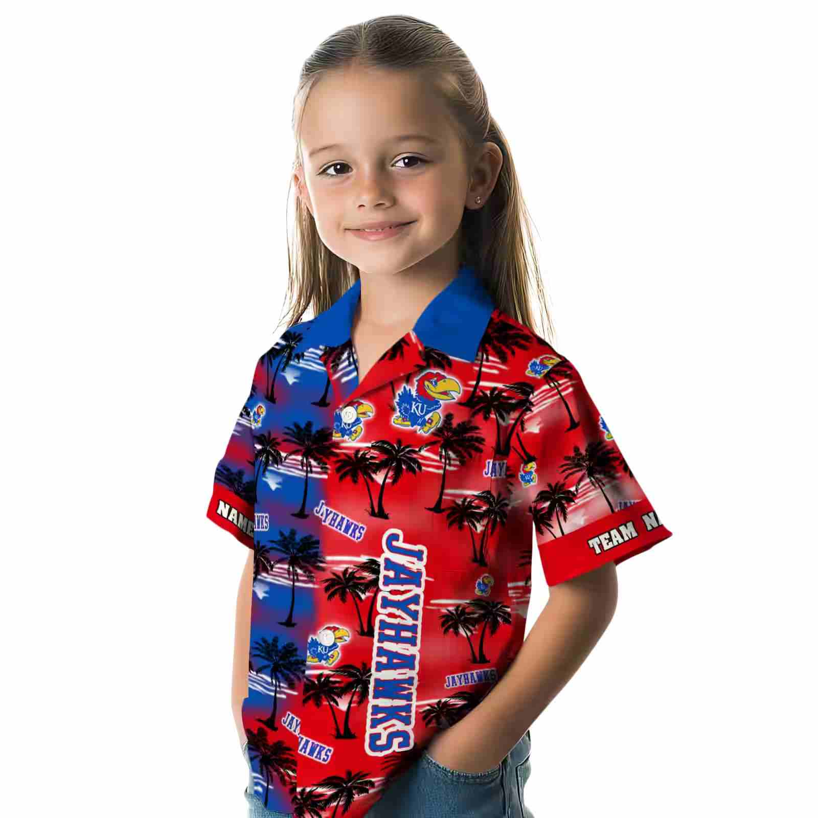 custom kansas jayhawks palm silhouettes blue hawaiian shirt premium grade