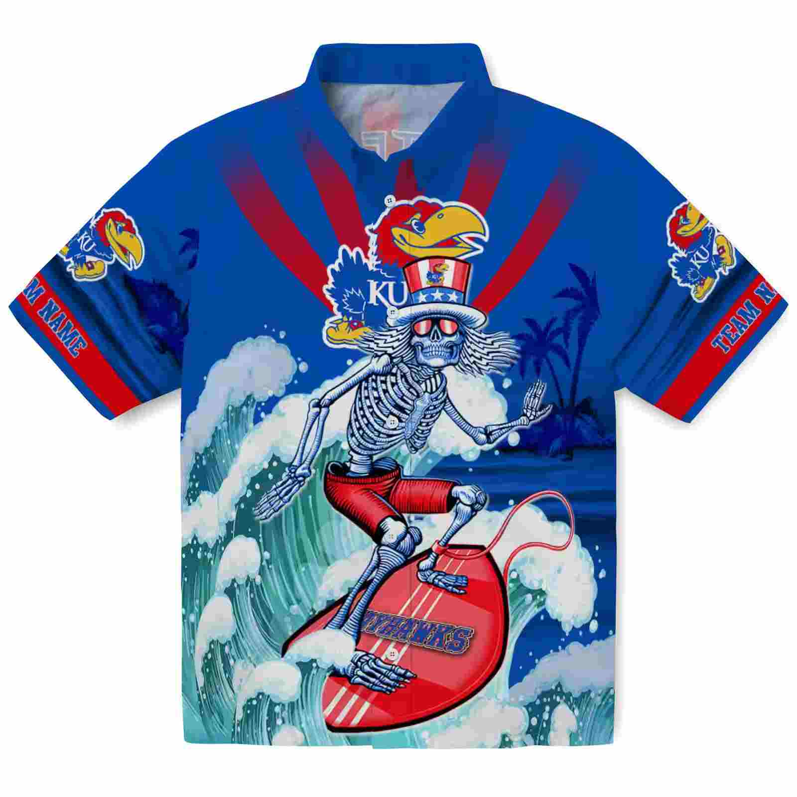 Custom Kansas Jayhawks Surfing Skeleton Blue Hawaiian Shirt