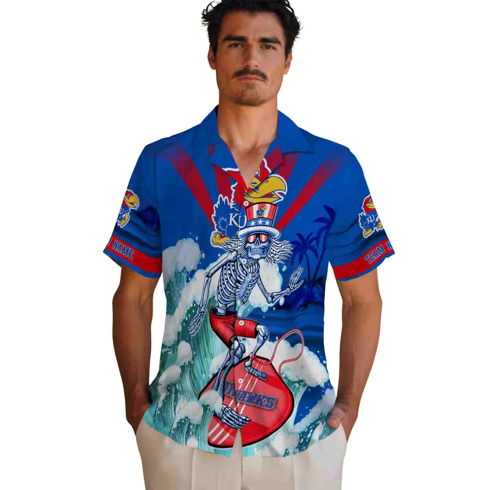 custom kansas jayhawks surfing skeleton blue hawaiian shirt fashion forward