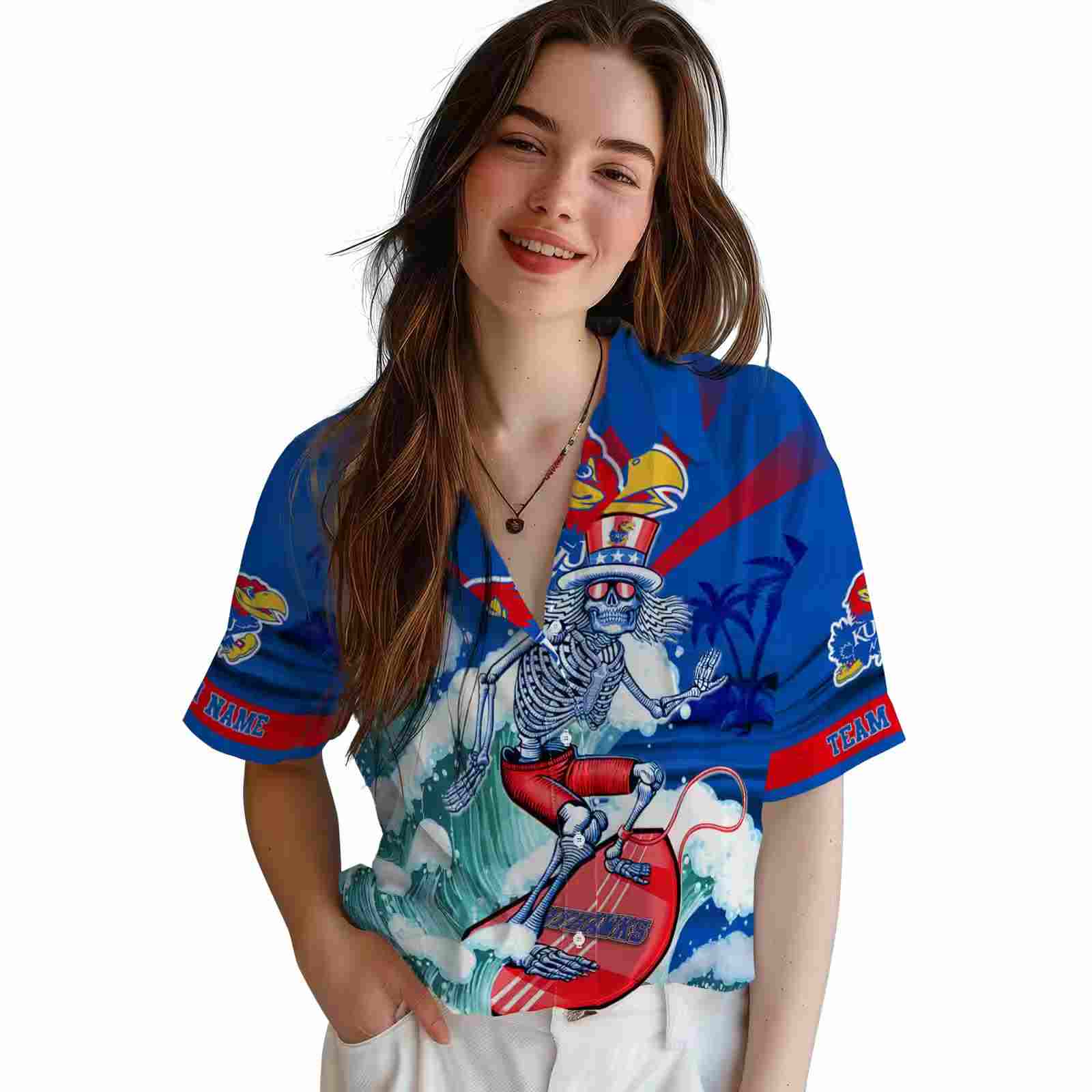 custom kansas jayhawks surfing skeleton blue hawaiian shirt latest model