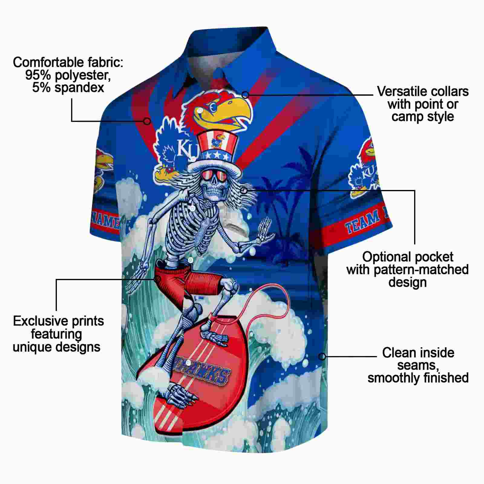 custom kansas jayhawks surfing skeleton blue hawaiian shirt new arrival