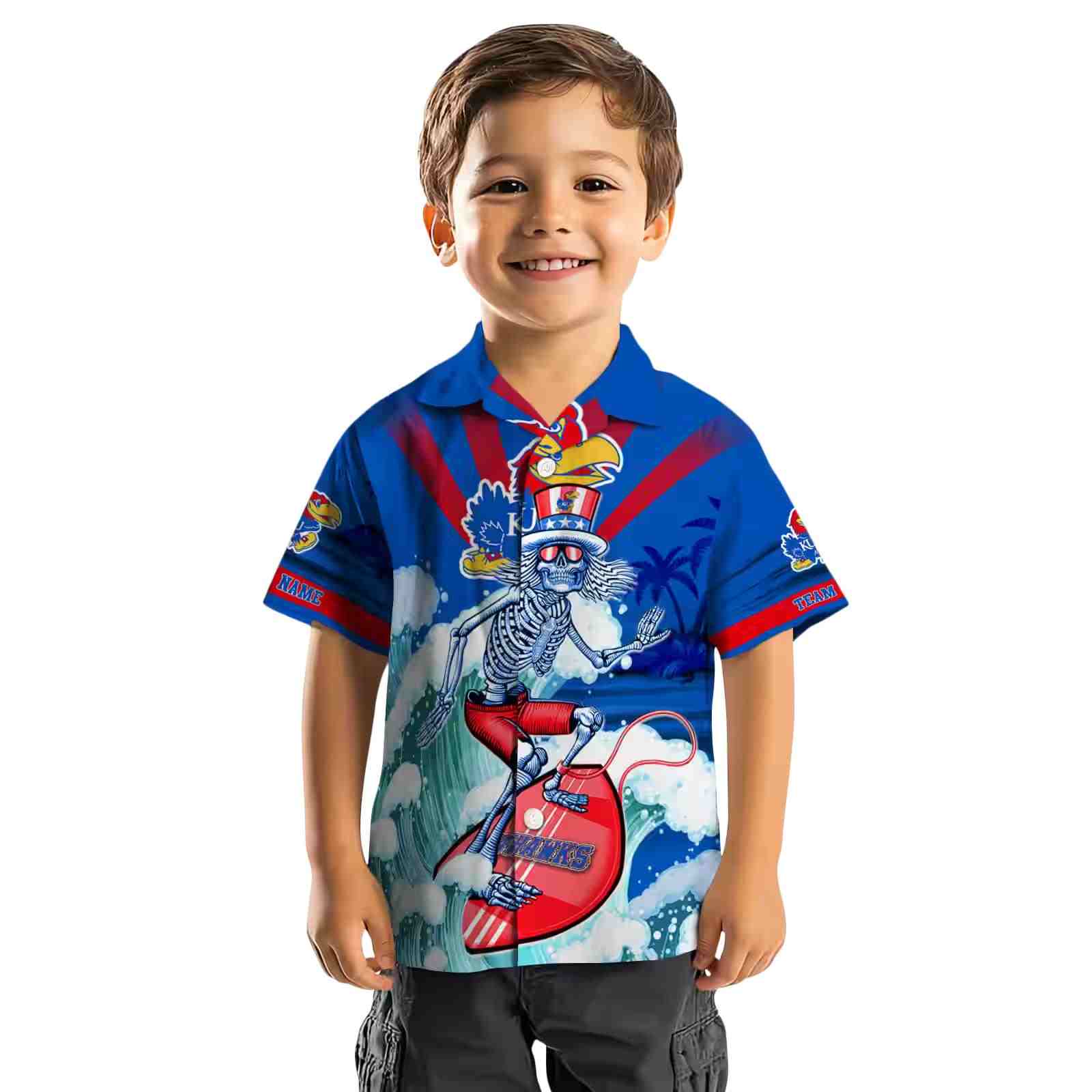 custom kansas jayhawks surfing skeleton blue hawaiian shirt top rated