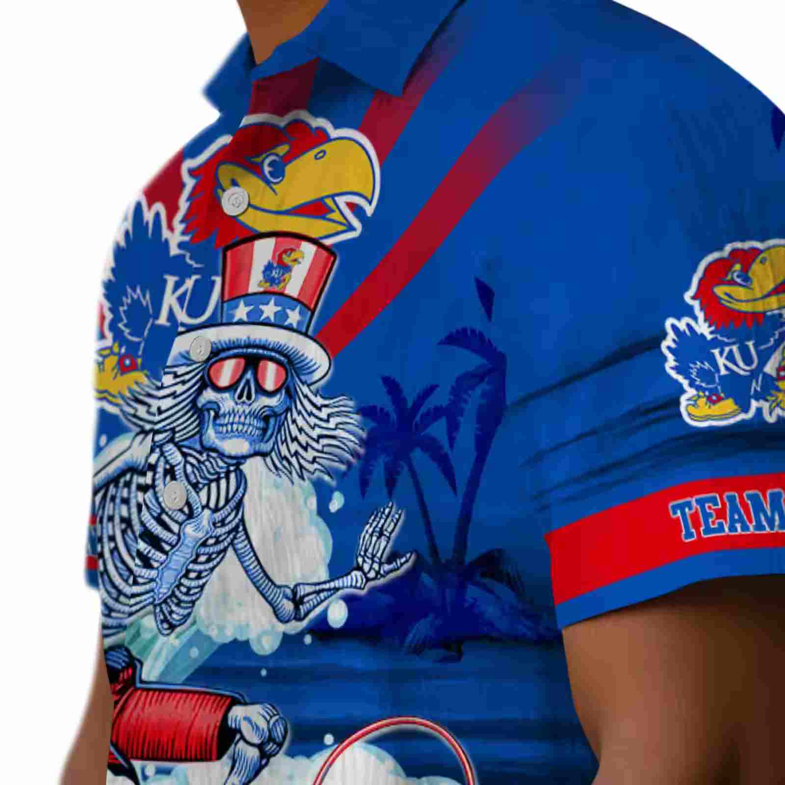 custom kansas jayhawks surfing skeleton blue hawaiian shirt trendy