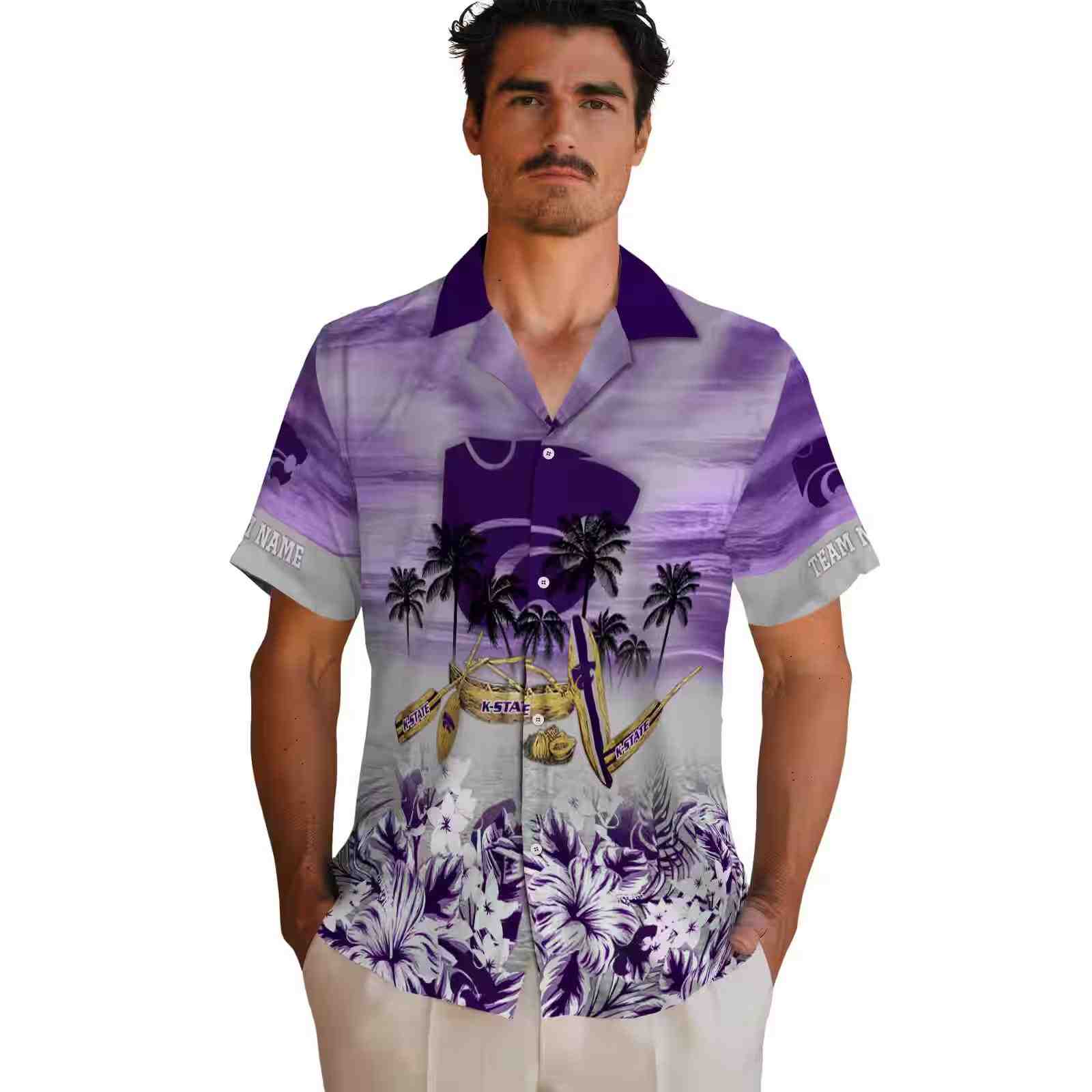 custom kansas state wildcats tropical canoe purple hawaiian shirt fashion forward