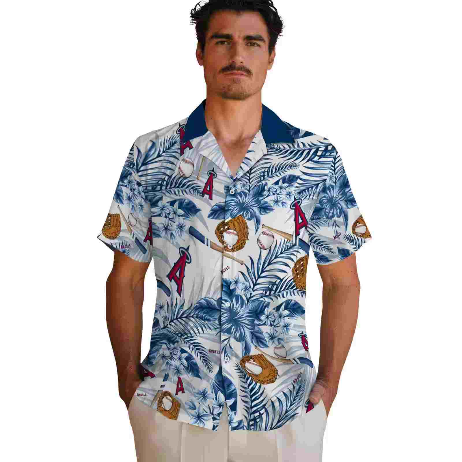 custom los angeles angels floral baseball blue white hawaiian shirt fashion forward