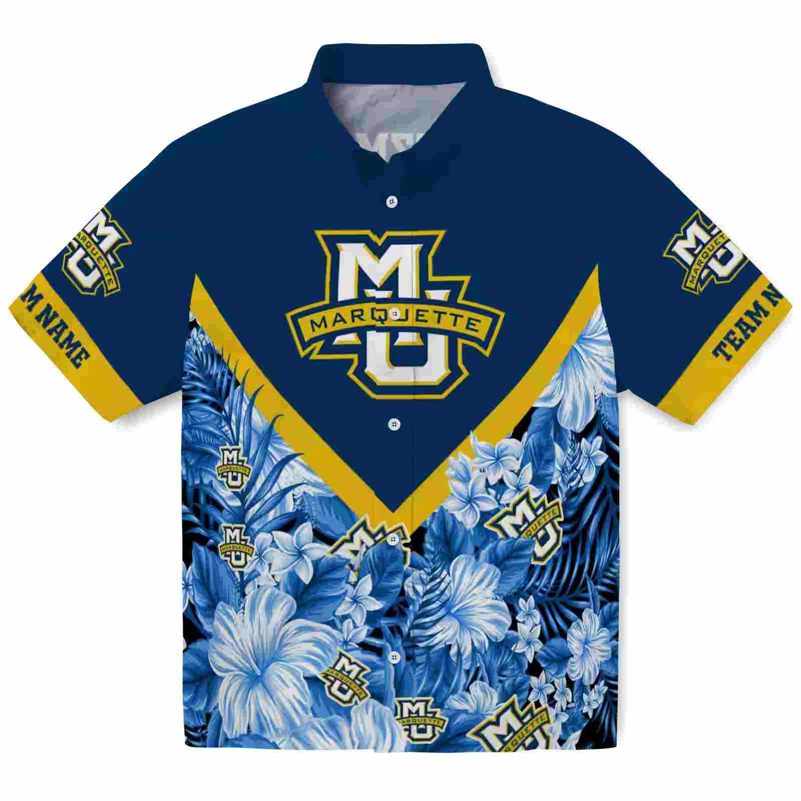 Custom Marquette Golden Eagles Floral Chevron Blue Hawaiian Shirt