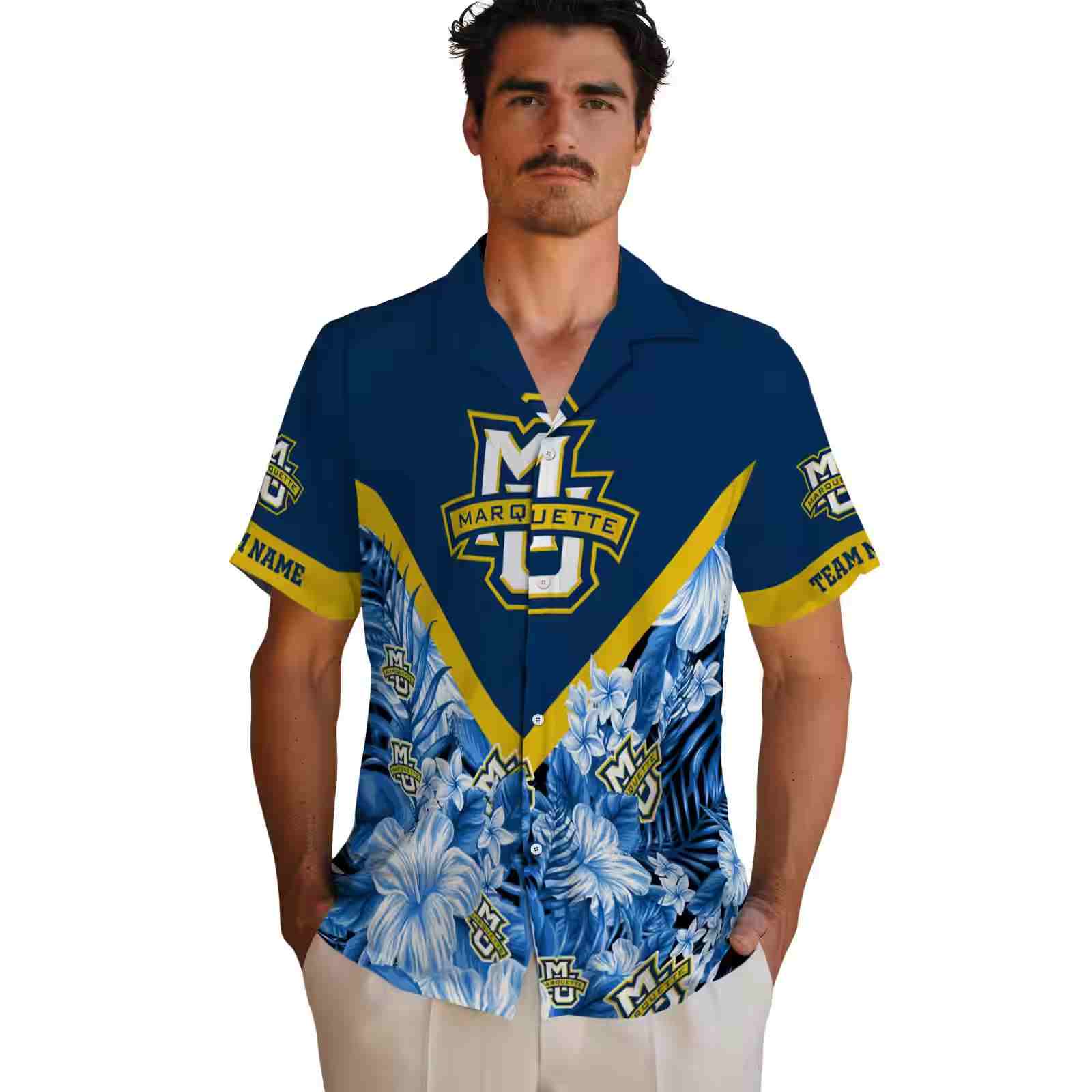 custom marquette golden eagles floral chevron blue hawaiian shirt fashion forward