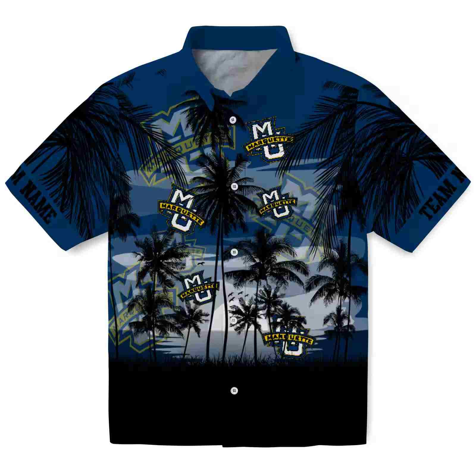 Custom Marquette Golden Eagles Sunset Scene Blue Black Hawaiian Shirt