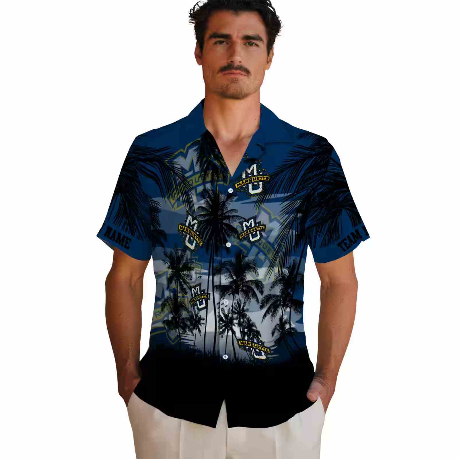 custom marquette golden eagles sunset scene blue black hawaiian shirt fashion forward