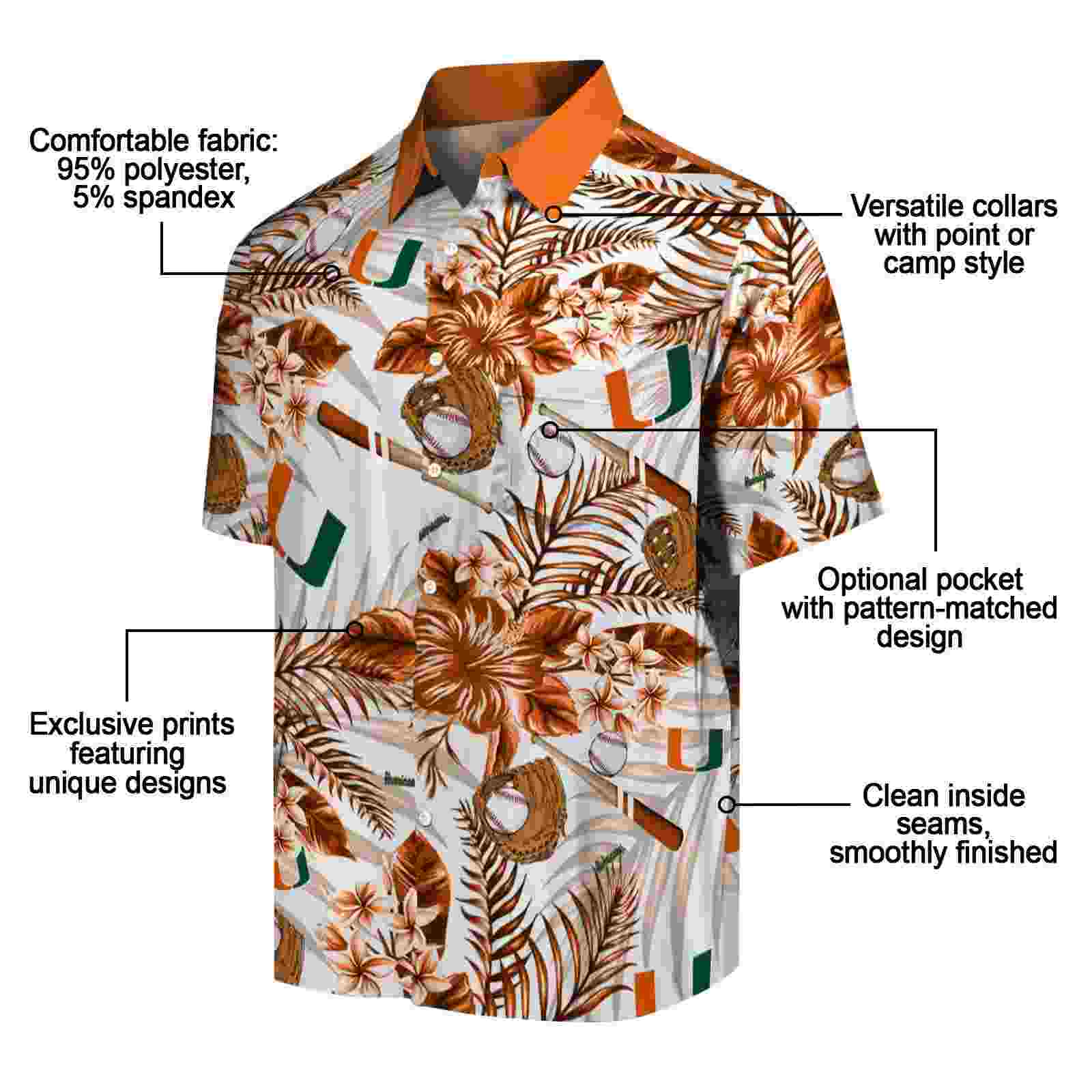 custom miami hurricanes floral baseball orange white hawaiian shirt new arrival