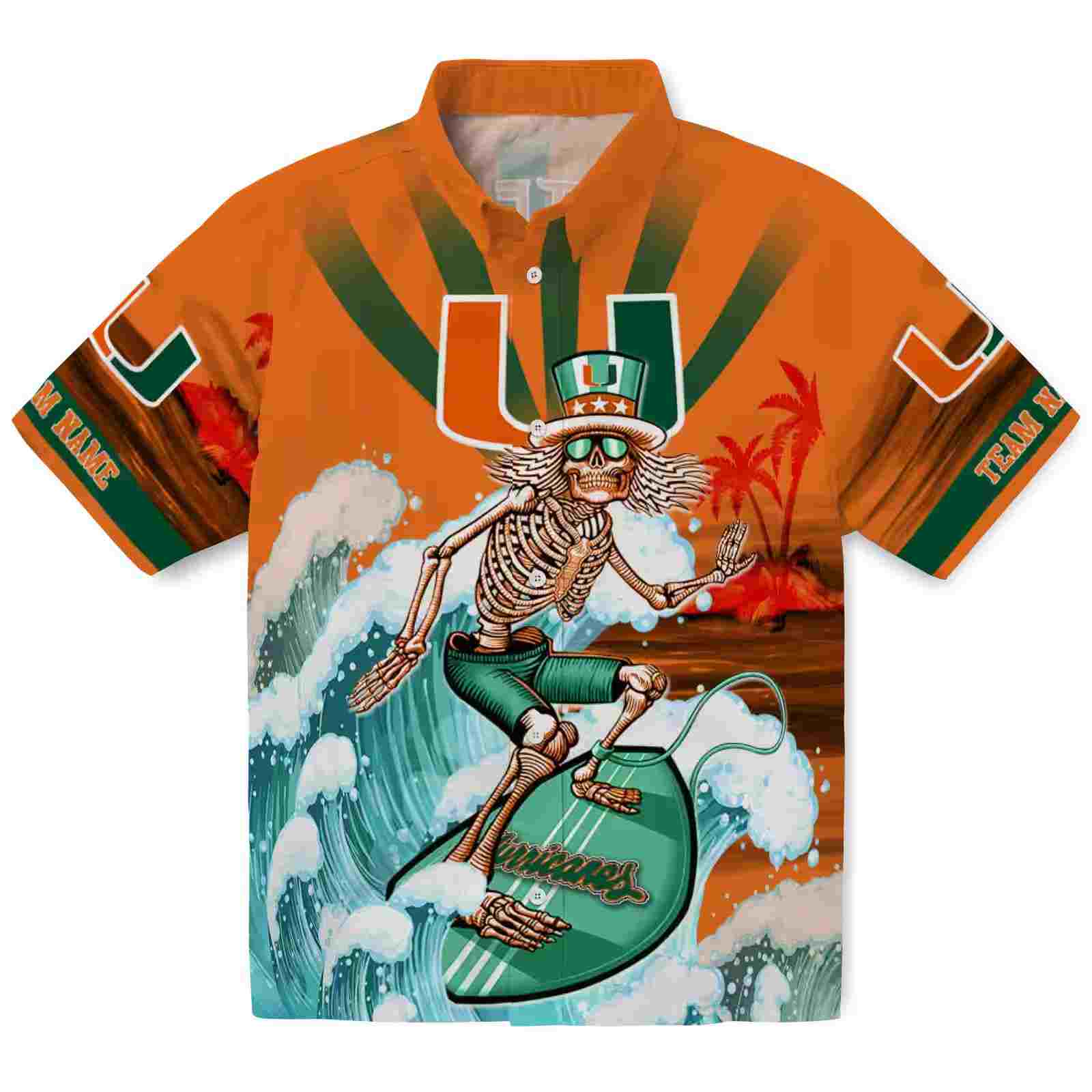 Custom Miami Hurricanes Surfing Skeleton Orange Blue Hawaiian Shirt