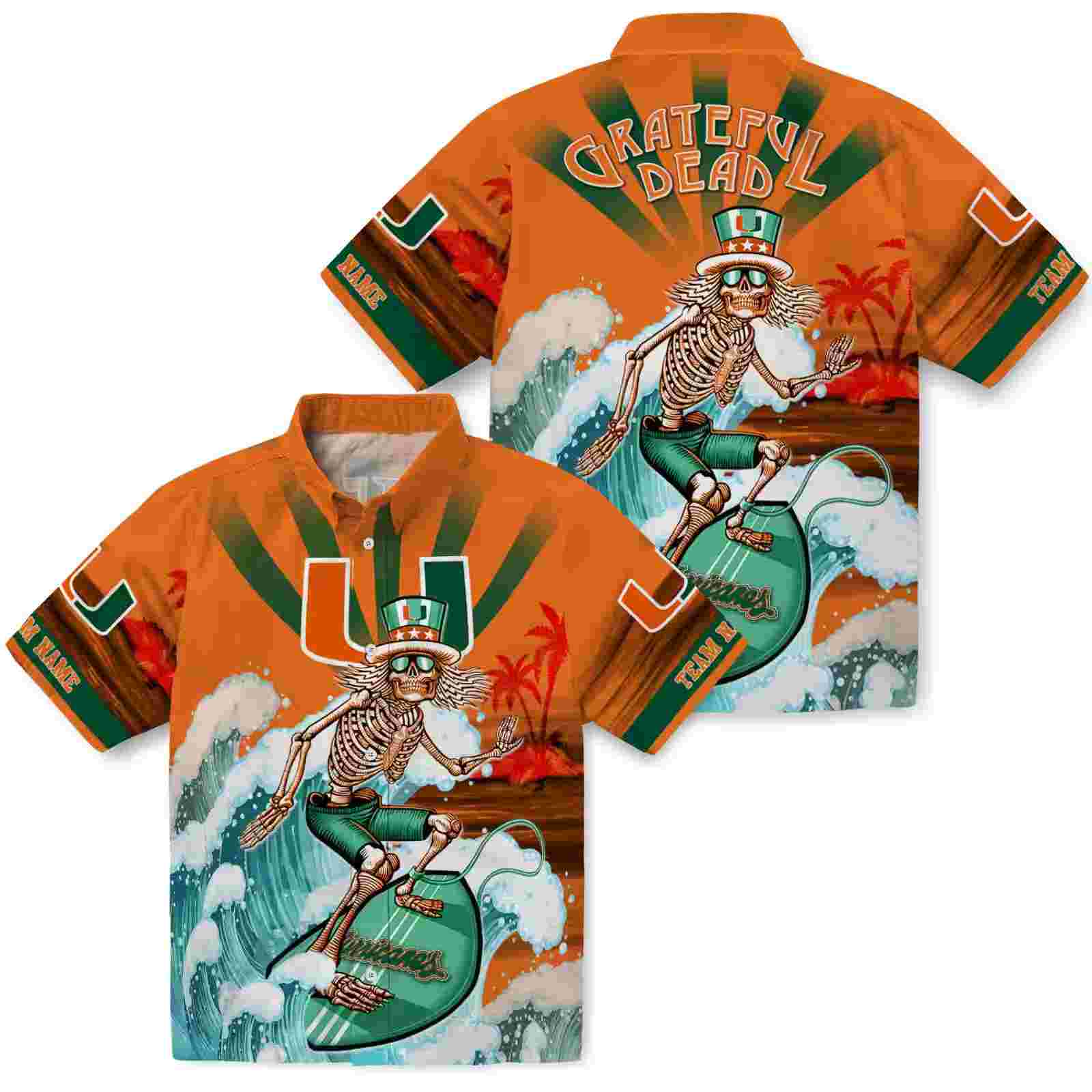 custom miami hurricanes surfing skeleton orange blue hawaiian shirt high quality