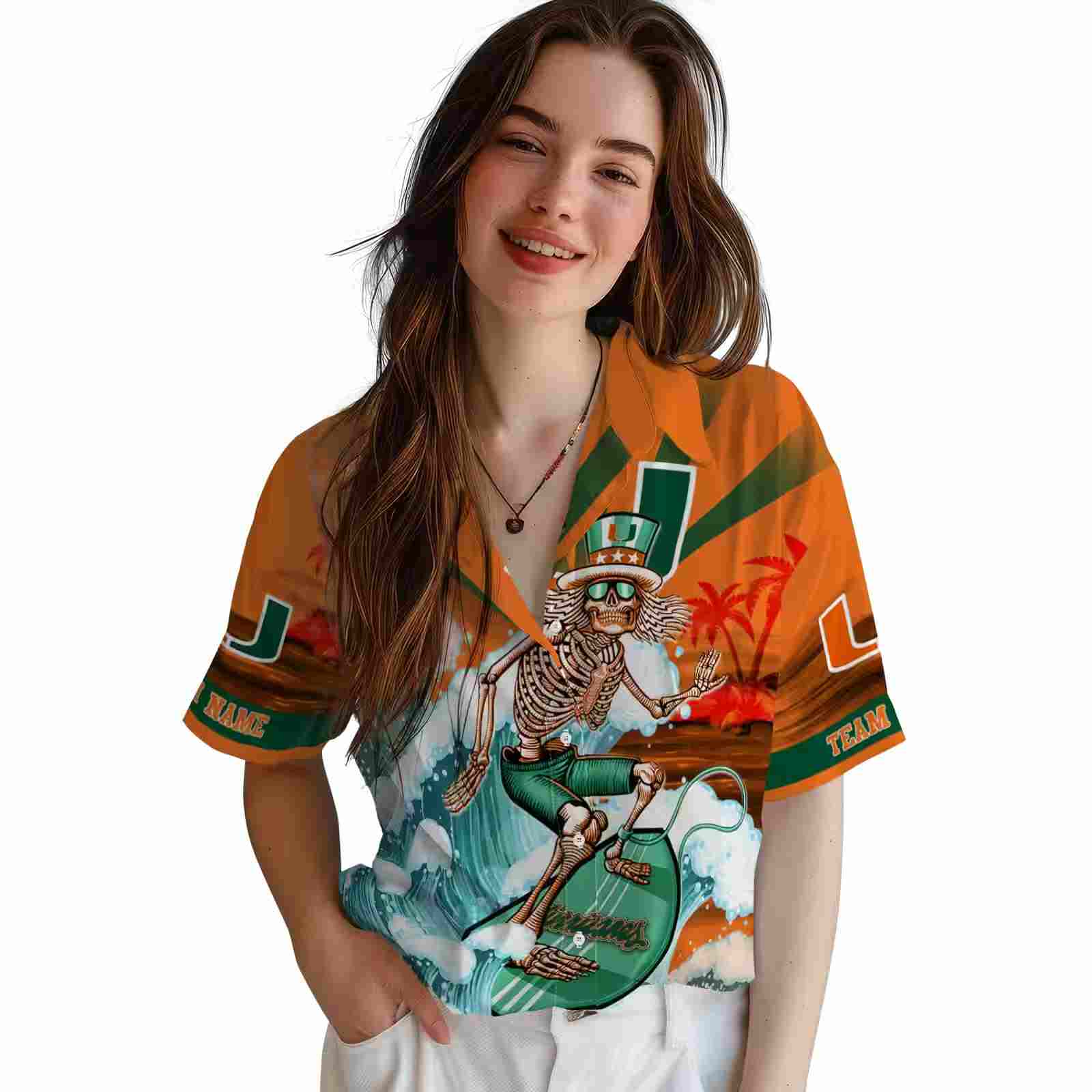 custom miami hurricanes surfing skeleton orange blue hawaiian shirt latest model