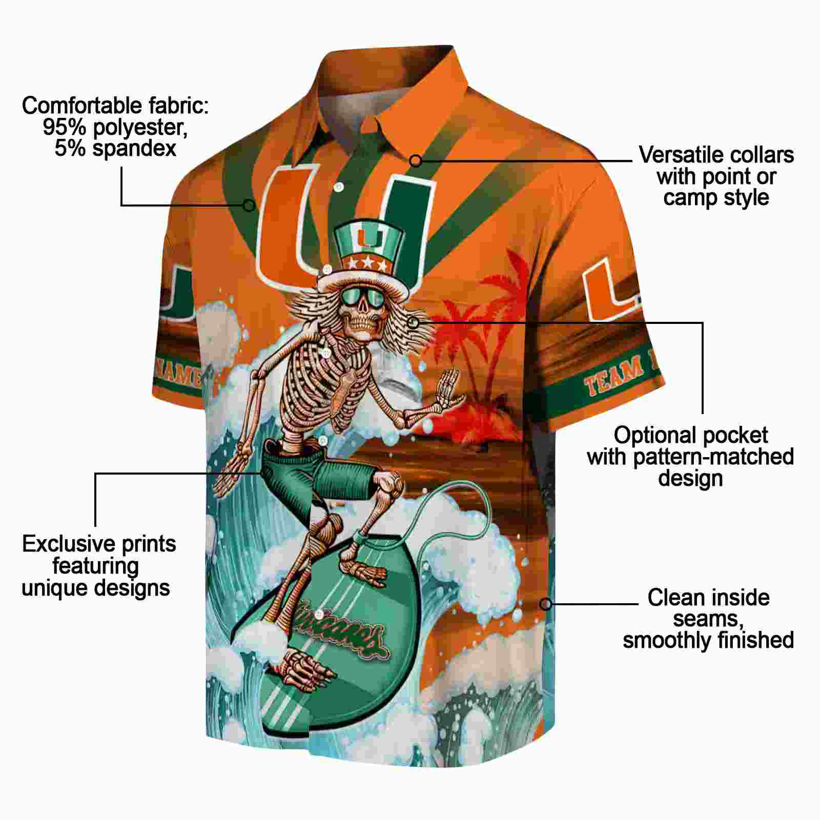 custom miami hurricanes surfing skeleton orange blue hawaiian shirt new arrival