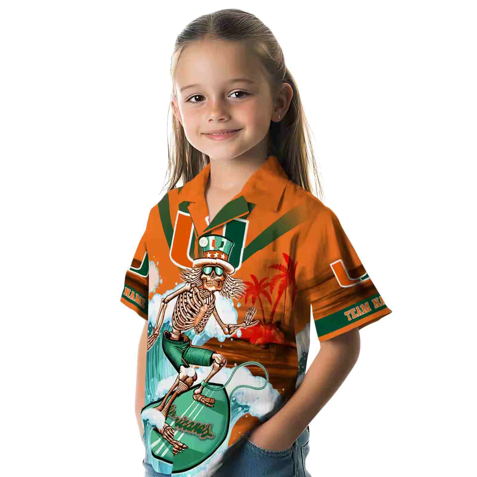 custom miami hurricanes surfing skeleton orange blue hawaiian shirt premium grade