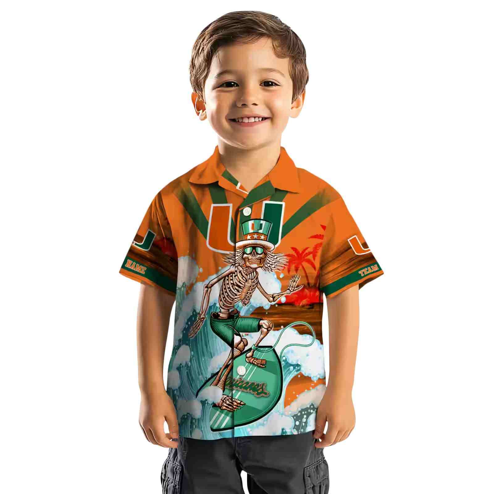 custom miami hurricanes surfing skeleton orange blue hawaiian shirt top rated