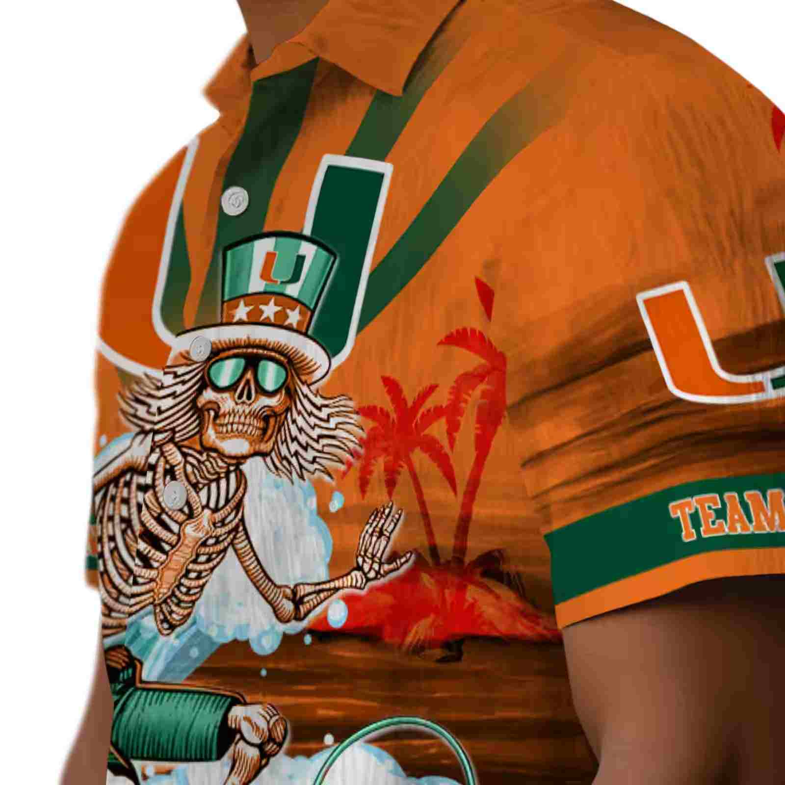 custom miami hurricanes surfing skeleton orange blue hawaiian shirt trendy