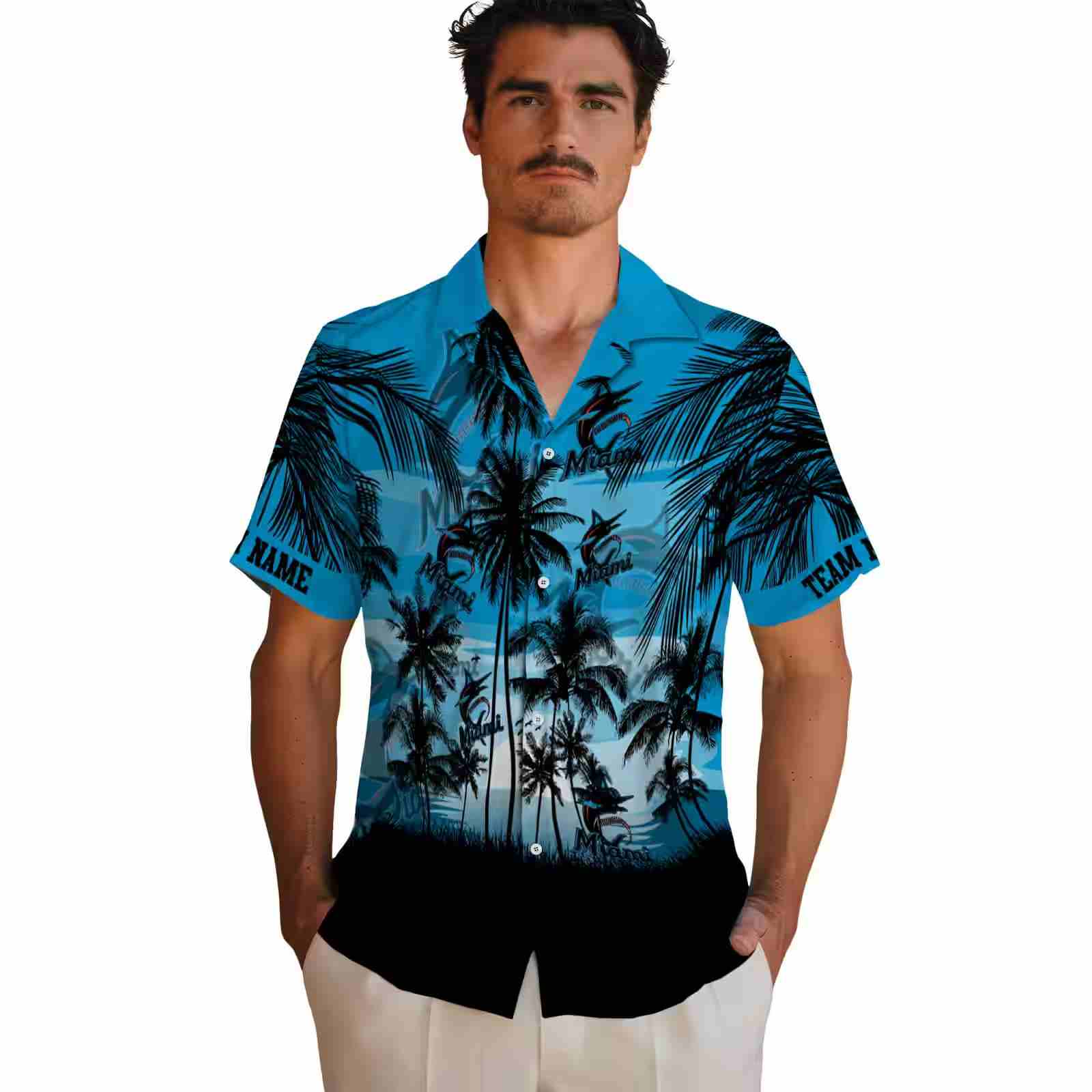 custom miami marlins sunset scene blue black hawaiian shirt fashion forward