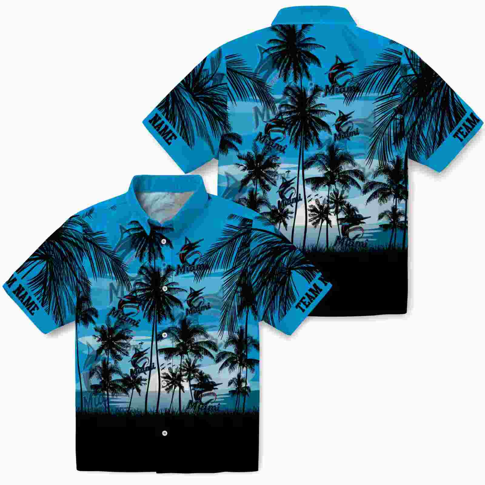 custom miami marlins sunset scene blue black hawaiian shirt high quality