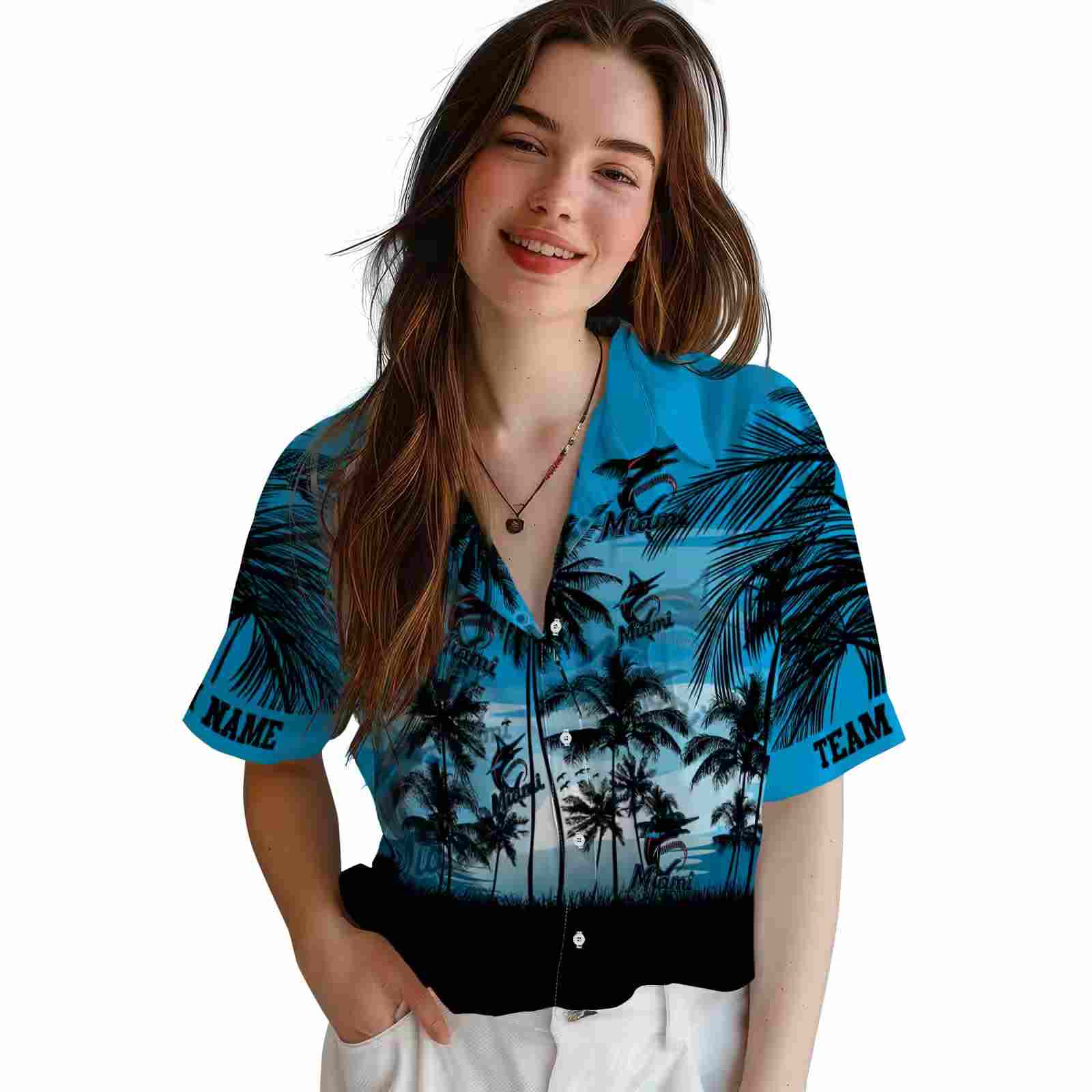 custom miami marlins sunset scene blue black hawaiian shirt latest model