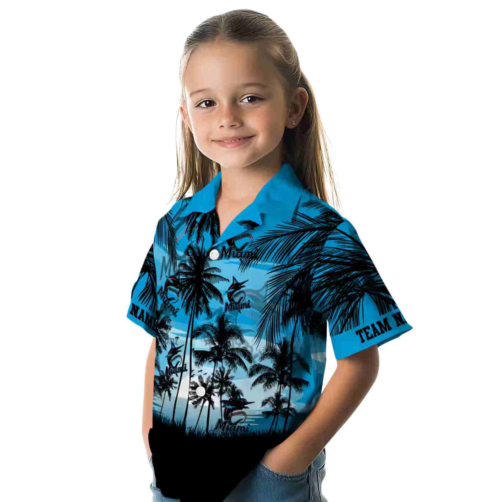 custom miami marlins sunset scene blue black hawaiian shirt premium grade