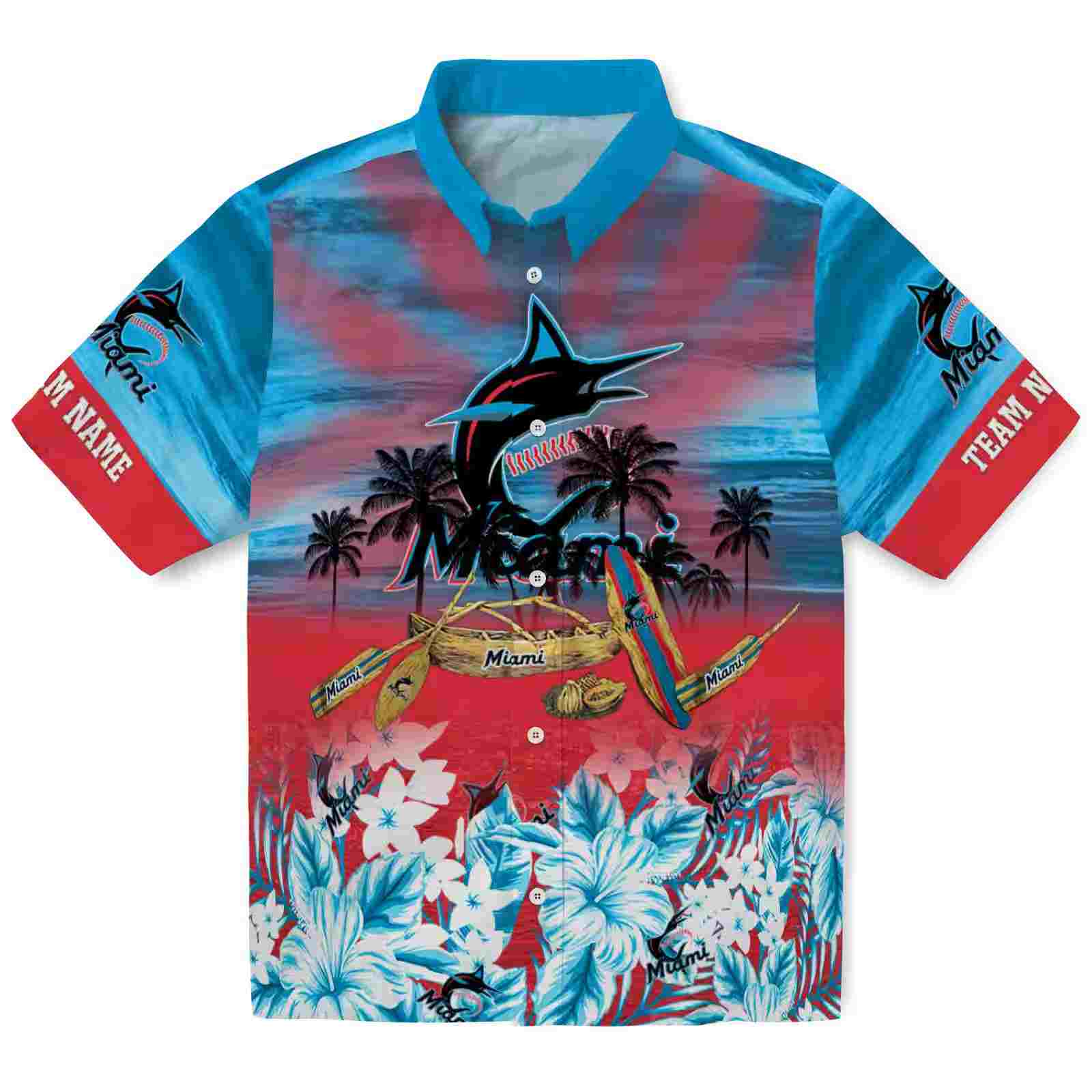 Custom Miami Marlins Tropical Canoe Blue Hawaiian Shirt