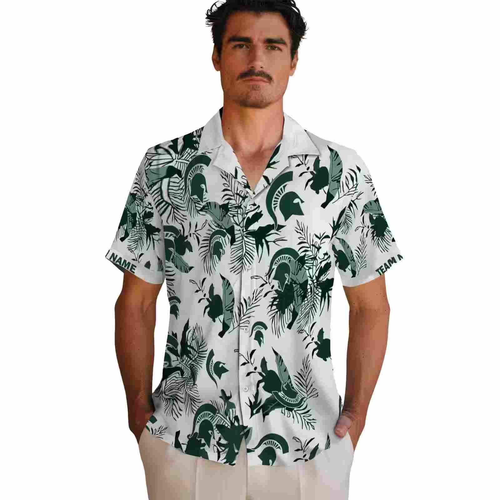 custom michigan state spartans botanical theme green white hawaiian shirt fashion forward