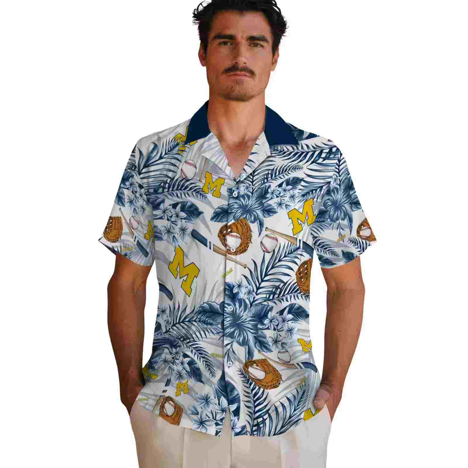 custom michigan wolverines floral baseball blue white hawaiian shirt fashion forward