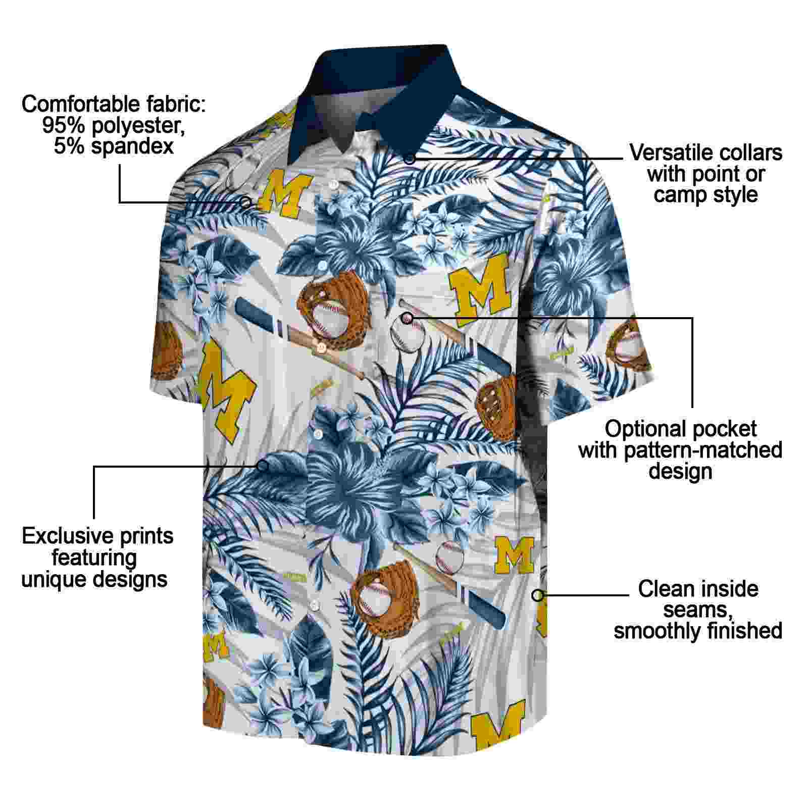 custom michigan wolverines floral baseball blue white hawaiian shirt new arrival