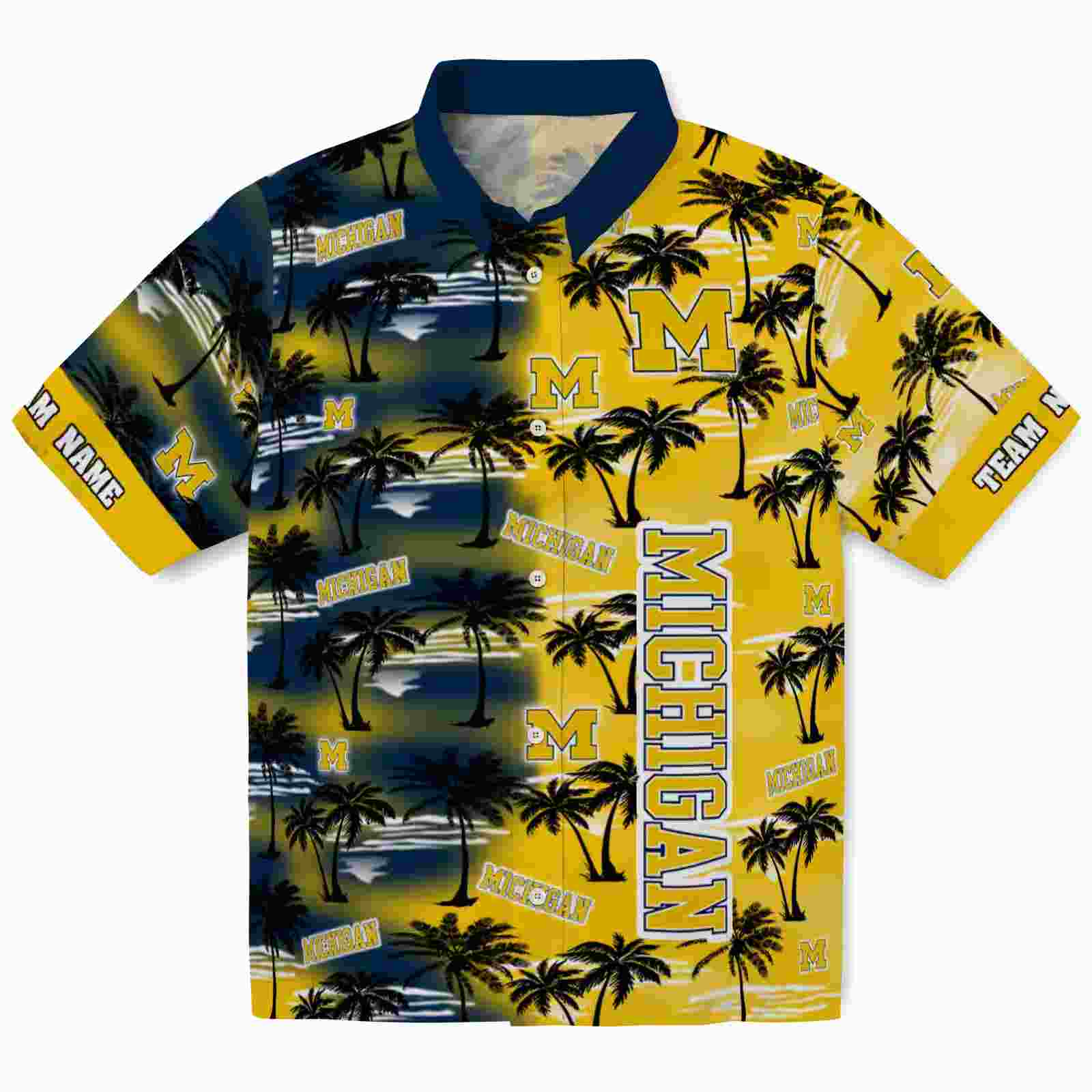 Custom Michigan Wolverines Palm Silhouettes Blue Hawaiian Shirt